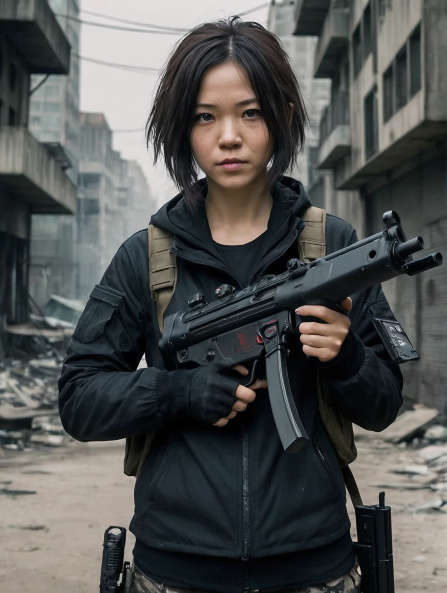 Woman in post-apocalyptic city, Holding an mp5, Aim mp5, author：Brandon Anschultz, shinkawa youji (Strange and extremely beautiful:1.4),(masterpiece, best quality:1.4)
