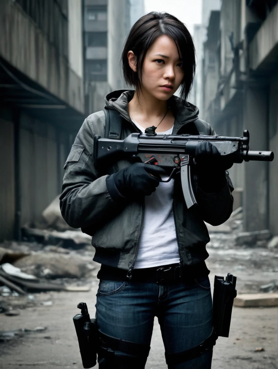 Woman in post-apocalyptic city, Holding an mp5, Aim mp5, author：Brandon Anschultz, shinkawa youji (Strange and extremely beautiful:1.4),(masterpiece, best quality:1.4)
