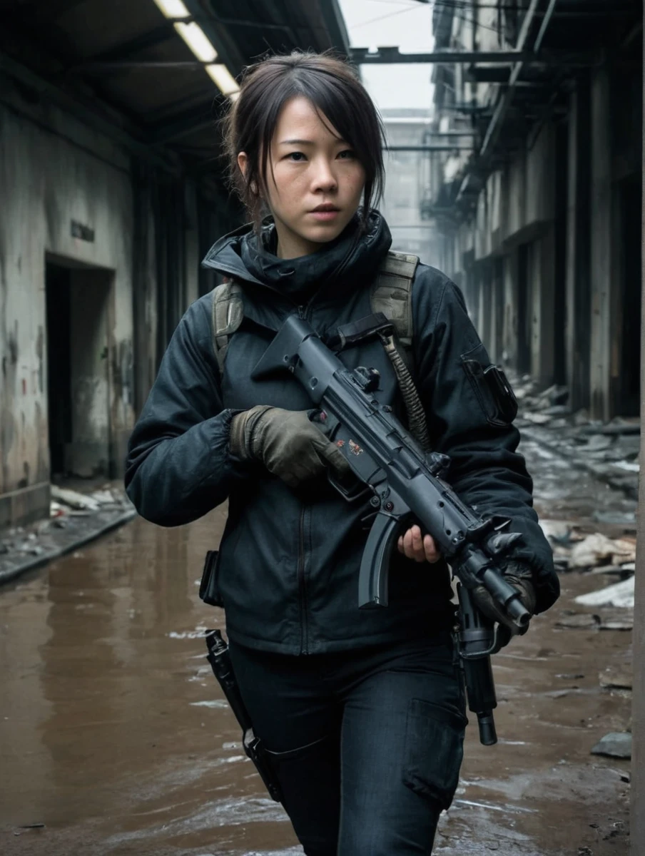 Woman in post-apocalyptic city, Holding an mp5, Aim mp5, author：Brandon Anschultz, shinkawa youji (Strange and extremely beautiful:1.4),(masterpiece, best quality:1.4)
