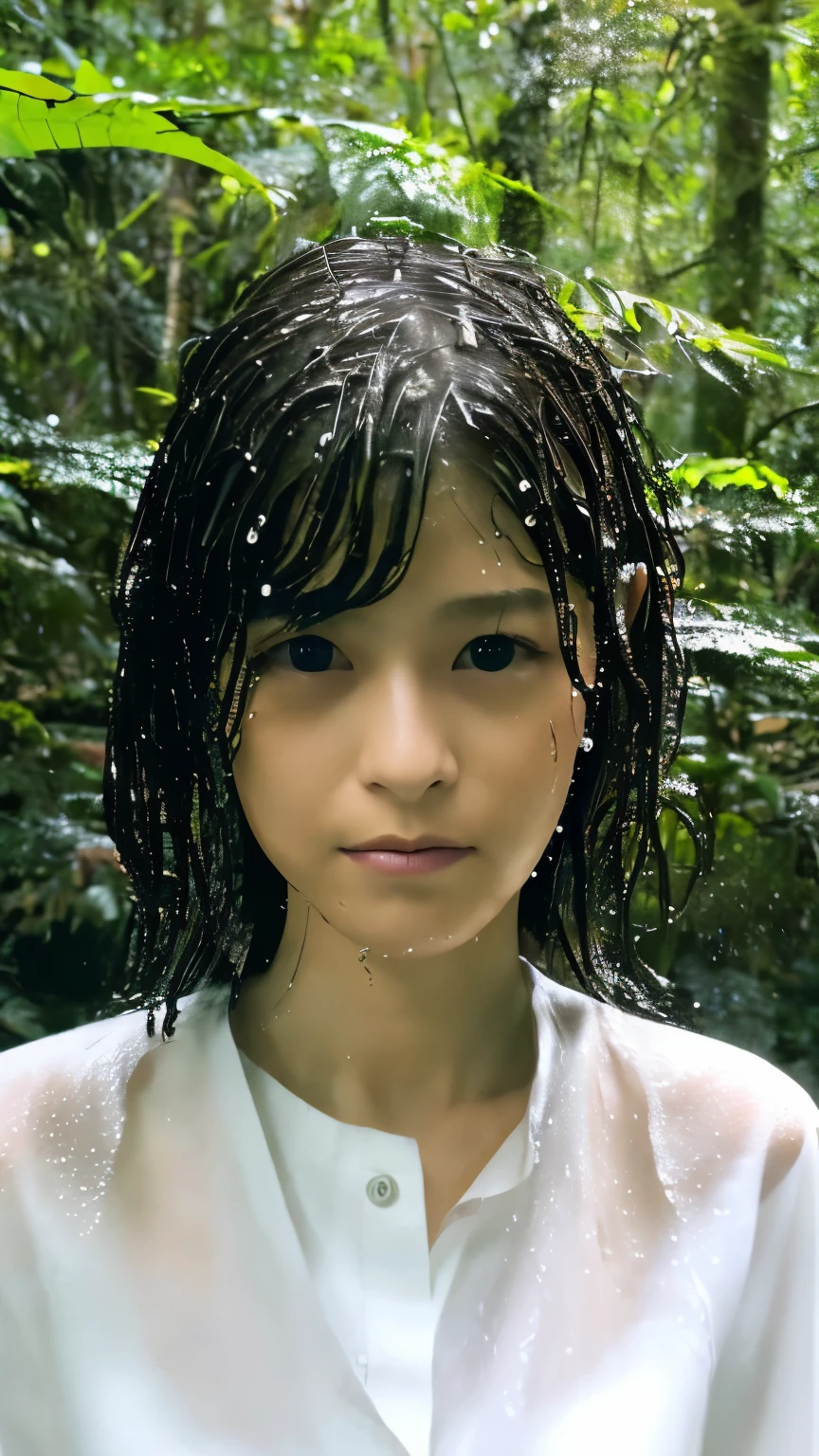 Best image quality, masterpiece, Ultra-high resolution, (Loyalty :1.4), Skinny Japanese woman, 1 girl, Detailed face, Detailed eyes, Correct human anatomy, 薄dark, dark, tears, tearsdrop, (White shirt), (Wet clothes stick to the body:1.4), Exposing shoulders, Wet Hair, Heavy Rain, Deep in the forest,