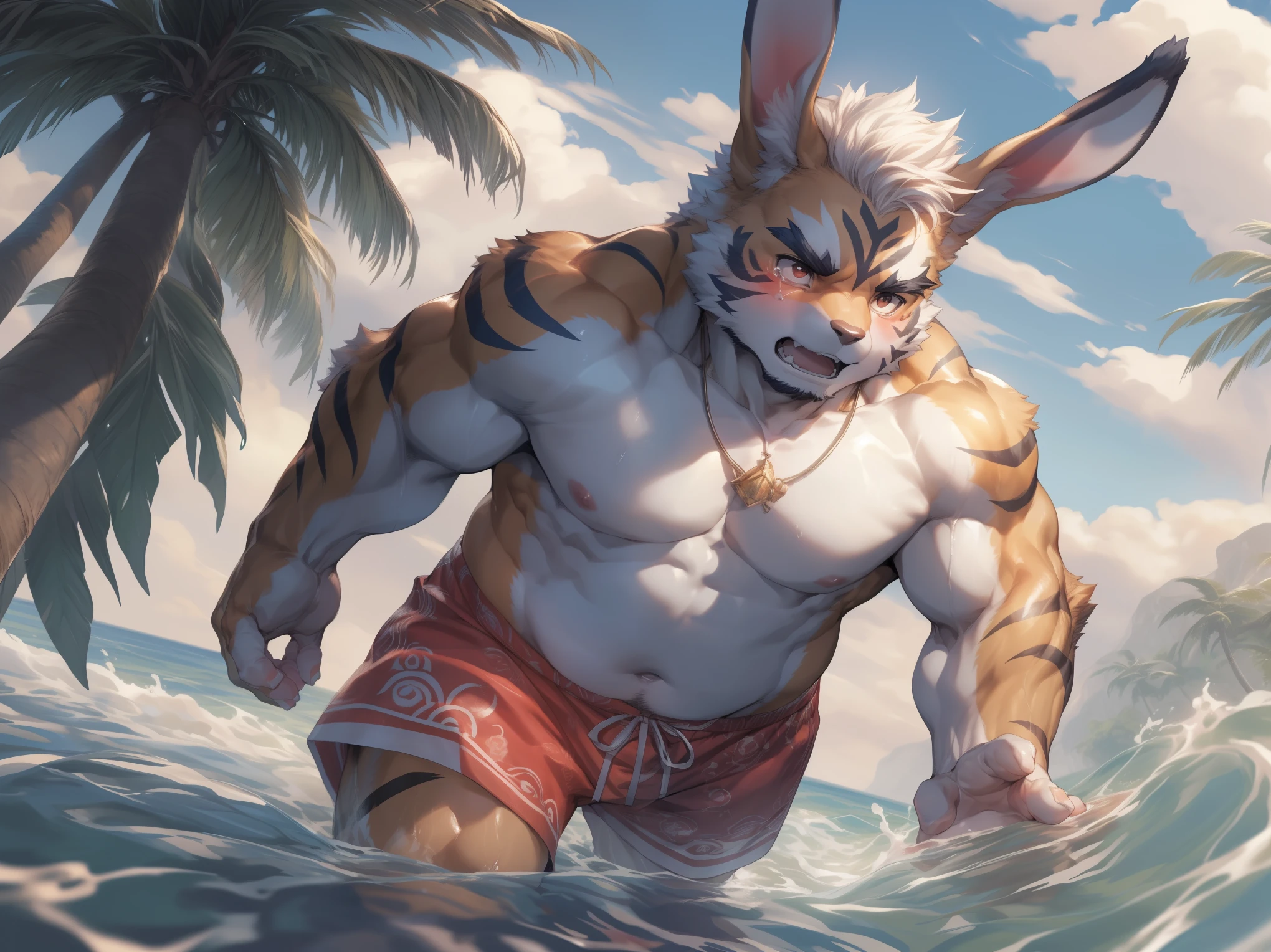 (By Empty Ghost, From thebigslick, By Dark Gem, Will chase), Keyuan Building (Onmyoji Daisenji Temple), High quality photos, Perfect anatomical structure, anthropomorphic rabbit, male, 30 years old, (bunny print), Thick eyebrows, short hair, White Teeth, Strong body, White pectoralis major, ,Chubby figure, White swimming trunks, Small bump, Pink milk clusters, Standing on the beach, Looking up, Relax with your hands behind your head, Charming smile, blush, Red pupil, Look up at the sky, Clear facial features, (Dynamic poses:1.5), Strong, solitary, (Top view:1.5), noon, sunny, Coconut Tree, Water waves, (By Empty Ghost, From bunny30, masterpiece, high quality, high resolution, 8k)