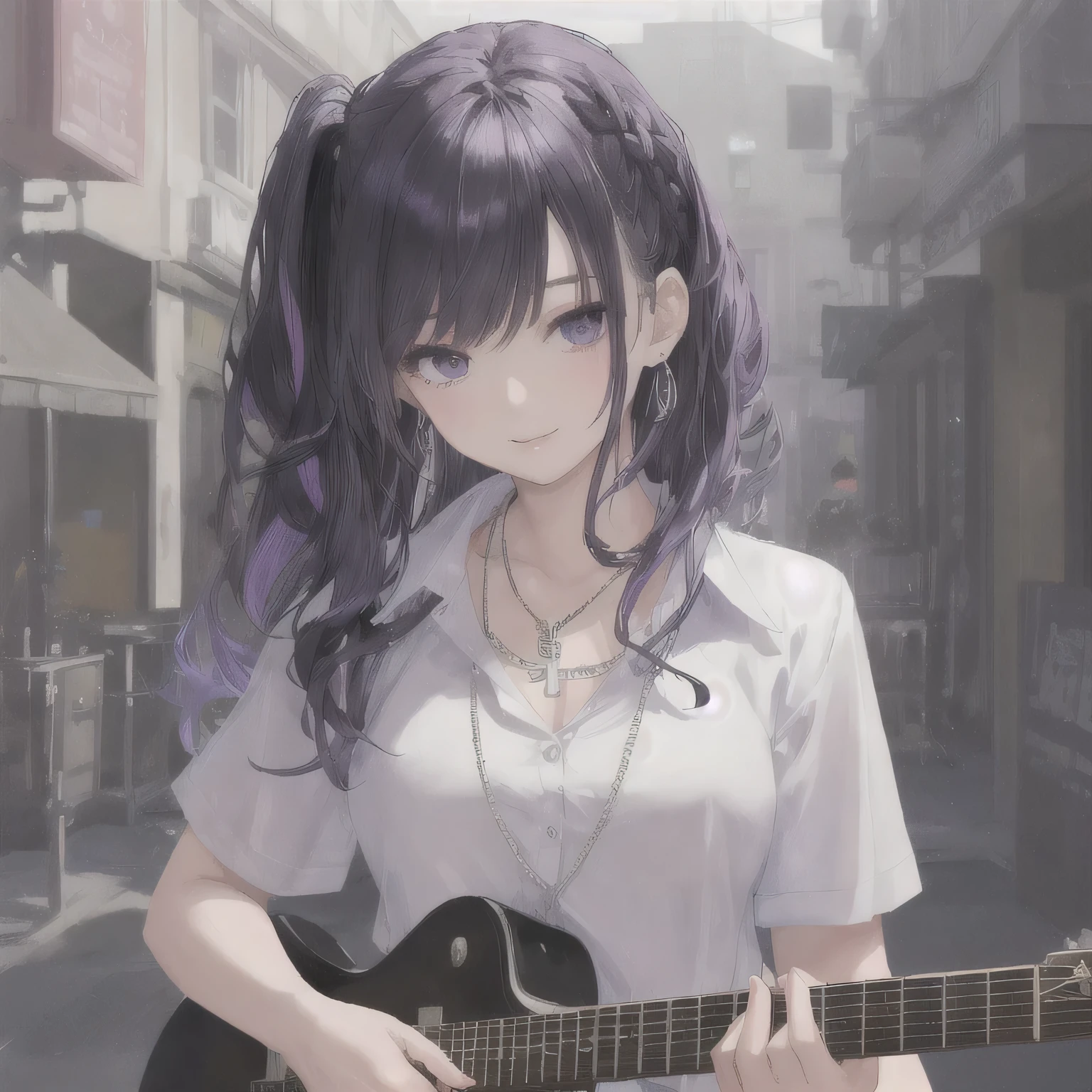 21 years old girl, very cute, with black bracelet in her hand,black black top short, white short jean, curve body, holding a an acoustic guitar, singing, camera lens 1.4,dorm balcony, looking at camera,happy, long hair, purple nails, high detailed fingers,