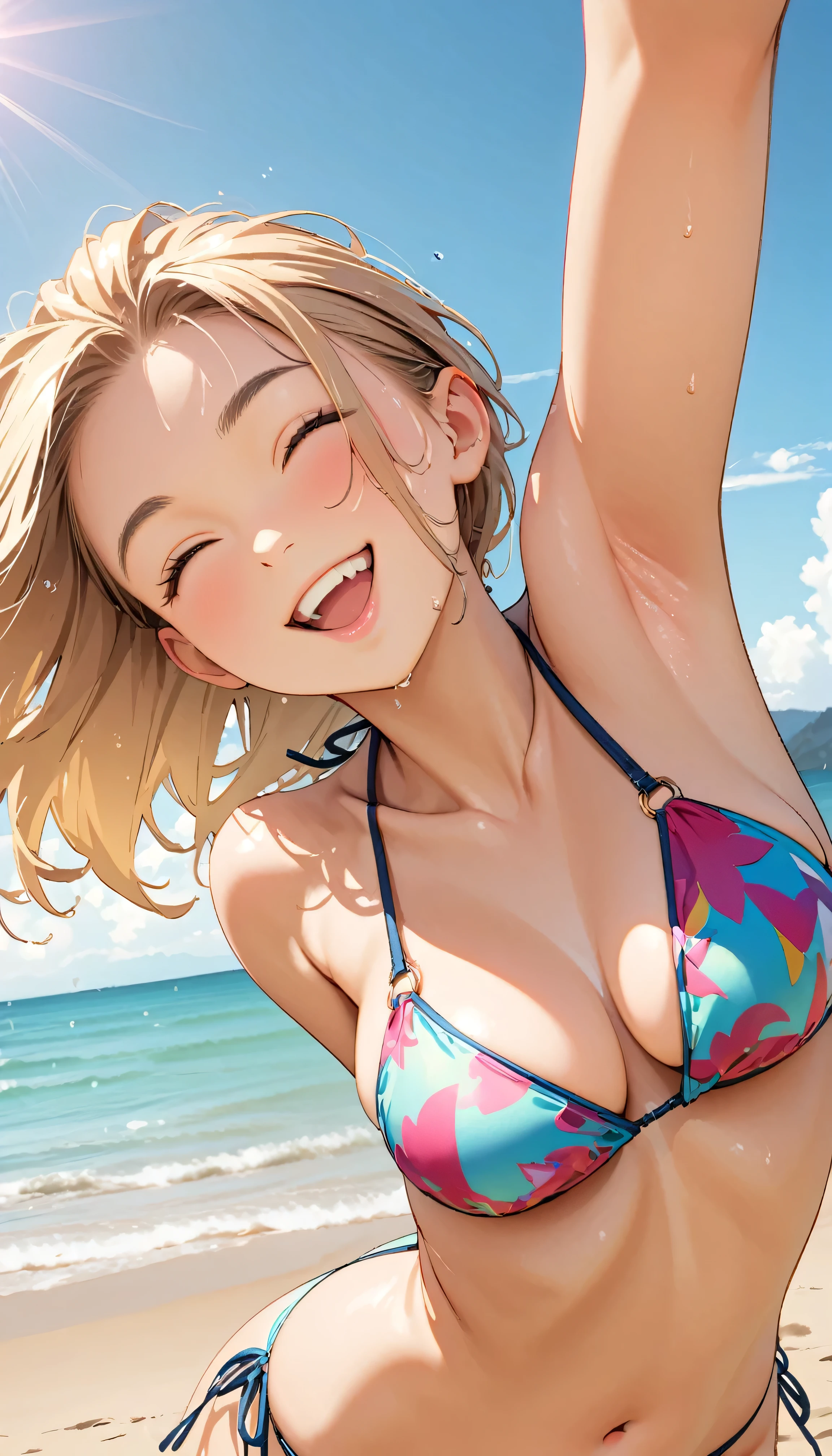 (Highest quality:1.2, Very detailed, up to date, Vibrant, masterpiece:1.2, Highest quality, Best aesthetics), smile, ((Face Up Shot:1.4)), 1980s style, 8K Ultra HD, Background Blur, smile, One Woman, Woman in bikini, Strong sunlight, Seaside, sunny, Summer sunshine, Wet Skin, Sandy Beach, Dynamic Angle, dynamic, Get excited, ダイナミックなポーズ