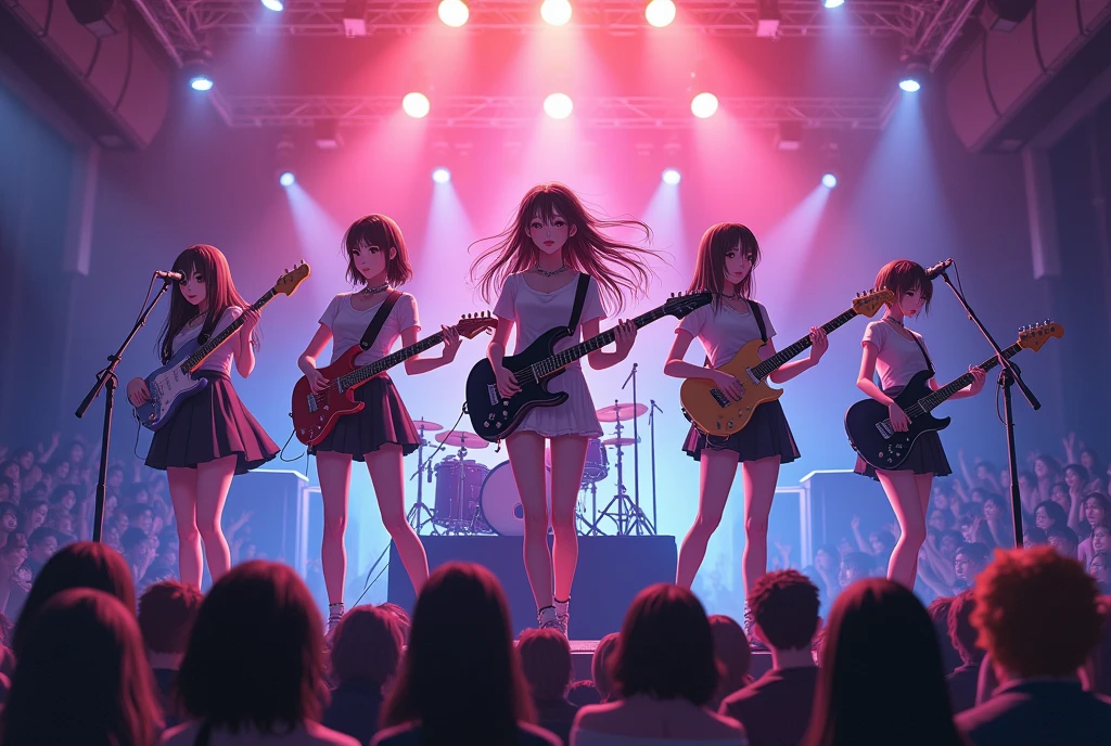 In this vibrant anime-style image, a four-member band performs energetically on
a concert stage under the bright lights. The scene captures the band in full swing:
the lead singer with a microphone, passionately singing; a guitarist strumming chords
with intensity; a bassist grooving to the rhythm; and a drummer in the background,
hitting the beats powerfully. The stage is adorned with dynamic lighting effects,
casting colorful beams that reflect the high energy of the performance. The crowd in
front of the stage is a blur of excitement, with hands raised and lights waving in the air.
The atmosphere is electric, filled with the thrill of live music and the connection between the performers and their fans.