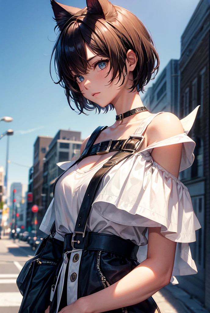 morning、Girl walking on a road parallel to the railroad tracks、You can see the sea in the background, I see the train、( hair adornments、耳Nipple Ring、Floral hair ornament、butterfly hair ornament)、 Fuji Film, F/4.0, masutepiece, Anatomically correct、A smile, radiant light、Shinkai Makoto style