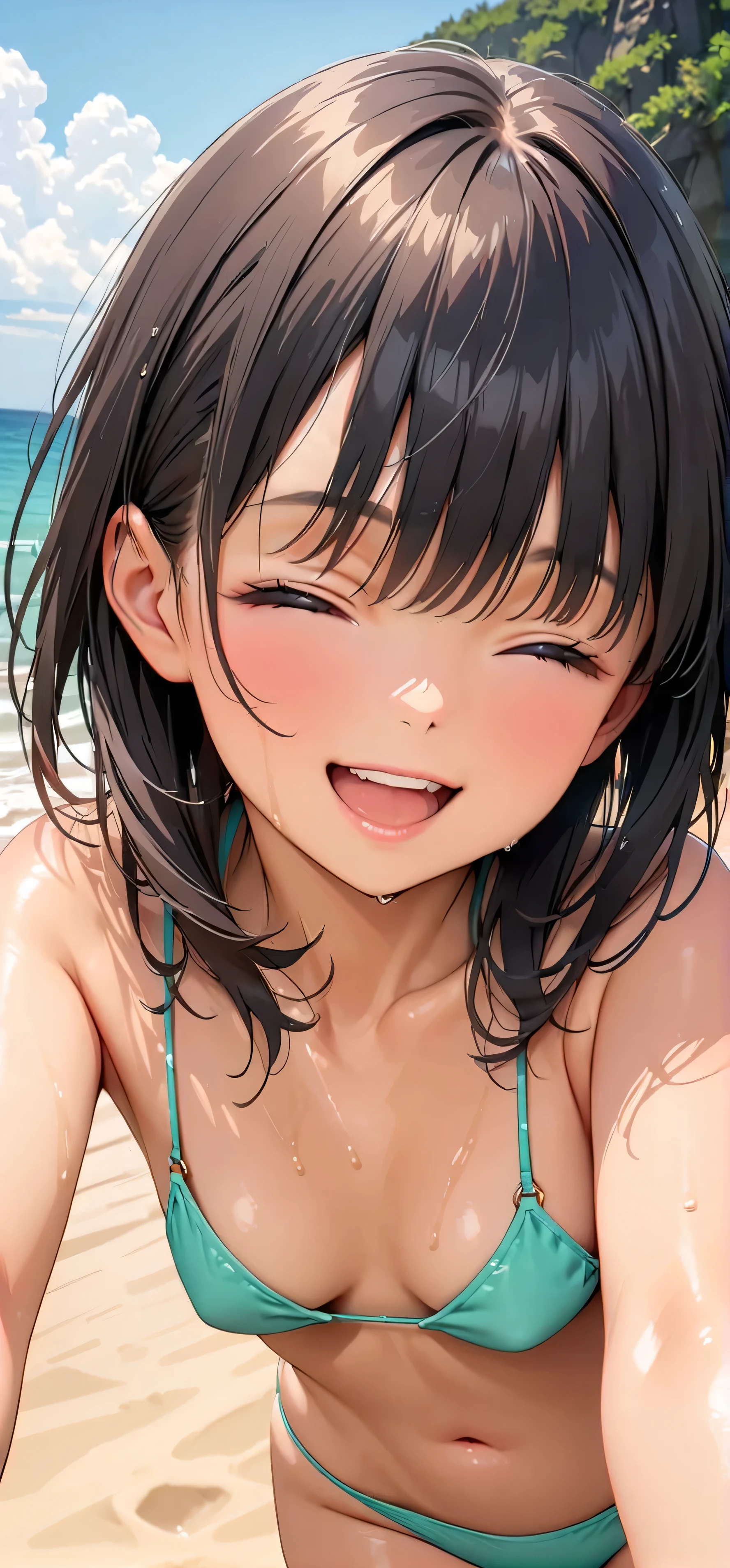 (Highest quality:1.2, Very detailed, up to date, Vibrant, masterpiece:1.2, Highest quality, Best aesthetics), smile, ((Face Up Shot:1.4)), 1980s style, 8k Ultra HD, Background Blur, smile, One Woman, Woman in bikini, Strong sunlight, Seaside, sunny, Summer sunshine, Wet Skin, Sandy Beach, Dynamic Angle, dynamic, Get excited, low length, very young, flat chested, Black Hair, ダイナミックなポーズ