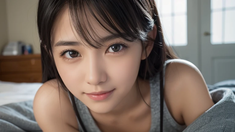highest quality, realistic, 8K, High resolution, 1 girl, woman, (skin dents), (portrait:0.6), nice, ((white background, sport tank top, small breasts:1.65)), (short brown blonde hair, parted bangs:1.4), looking at the viewer, (1 girl eyes looking at the viewer:1.6), realistic, (Bokeh), (closed mouth, smile:1.3), nice, Pueros face_v1:1,