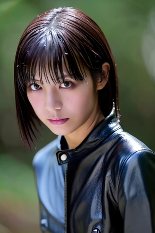 Best image quality, masterpiece, Ultra-high resolution, (Loyalty :1.4), Skinny Japanese woman, 1 girl, Detailed face, Detailed eyes, Correct human anatomy, 薄dark, dark, tears, tearsdrop, (leather jacket、Leather skirt), (Wet clothes stick to the body:1.4), Exposing shoulders, Wet Hair, Heavy Rain, Deep in the forest