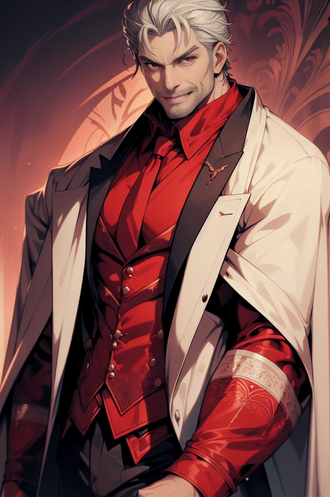 1man, vampire, handsome, pale grey skin, prominent muscular body, seems longer fangs, smile, shining red eyes, Art Nouveau Style, wearing Nouveau Suitcoat, nouveau-psychedelic background, hd, high quality, realistic-style, ultra-realistic, hyperrealistic, closer distance face, closer distance head, his distance pressing against me, 8k resolution