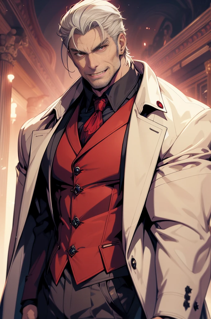 1man, vampire, handsome, pale grey skin, prominent muscular body, seems longer fangs, smile, shining red eyes, Art Nouveau Style, wearing Nouveau Suitcoat, nouveau-psychedelic background, hd, high quality, realistic-style, ultra-realistic, hyperrealistic, closer distance face, closer distance head, his distance pressing against me, 8k resolution