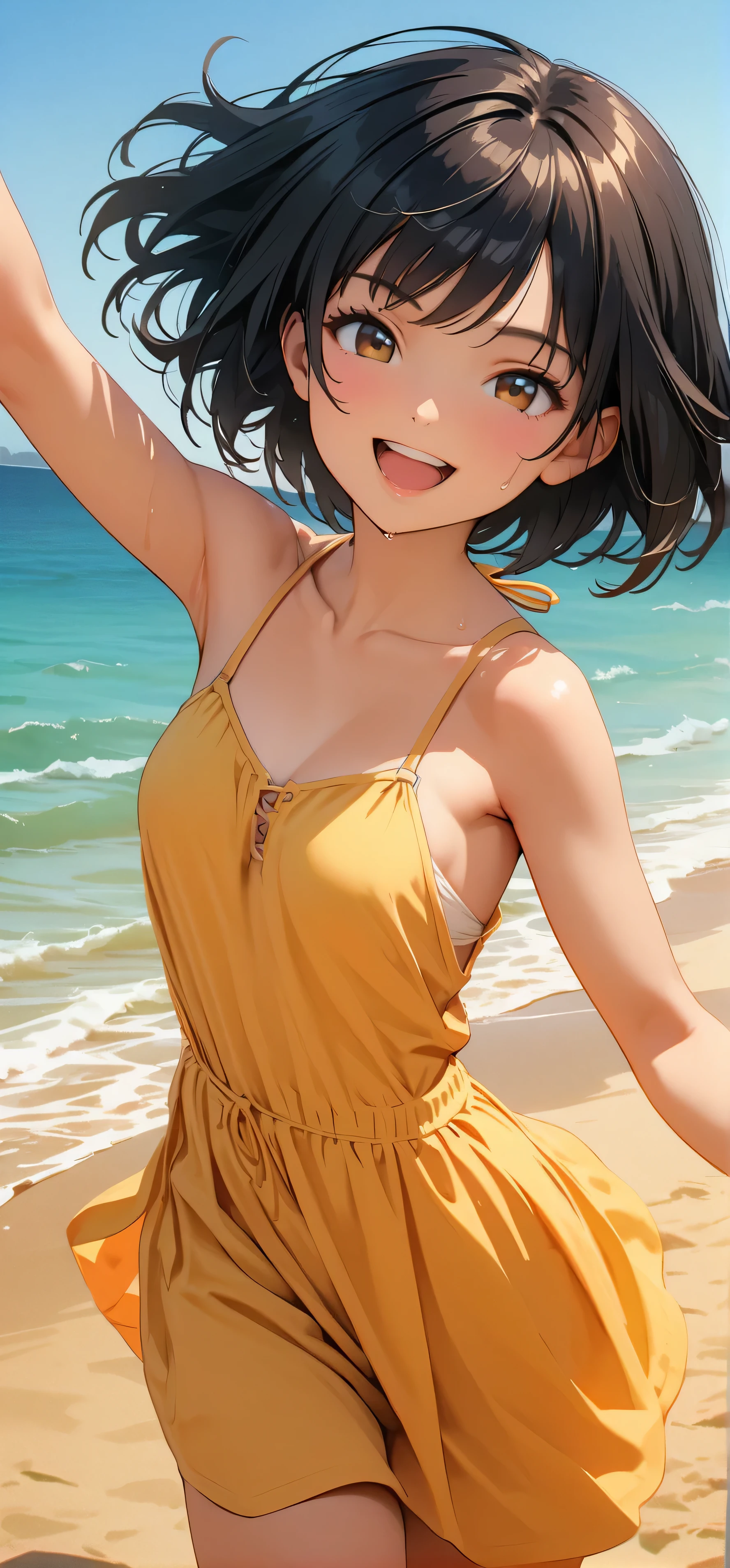 (Highest quality:1.2, Very detailed, up to date, Vibrant, masterpiece:1.2, Highest quality, Best aesthetics), smile, ((Face Up Shot:1.4)), 1980s style, 8k Ultra HD, Background Blur, smile, One Woman, Woman in bikini, Strong sunlight, Seaside, sunny, Summer sunshine, Wet Skin, Sandy Beach, Dynamic Angle, dynamic, Get excited,low length, Bobcut, very young, flat chested, Dynamic pose, Black Hair