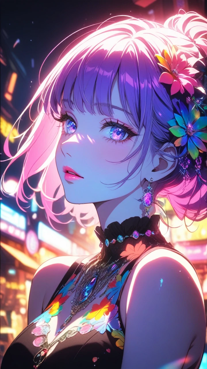 1girl, backlighting, blacklight, beautiful detailed eyes, beautiful detailed lips, beautiful detailed face, long eyelashes, glowing skin, ethereal, mystical, surreal, dramatic lighting, neon, ultraviolet, psychedelic, vibrant colors, high resolution, cinematic, atmospheric, harajuku fashion, AKIHABARA, on center 