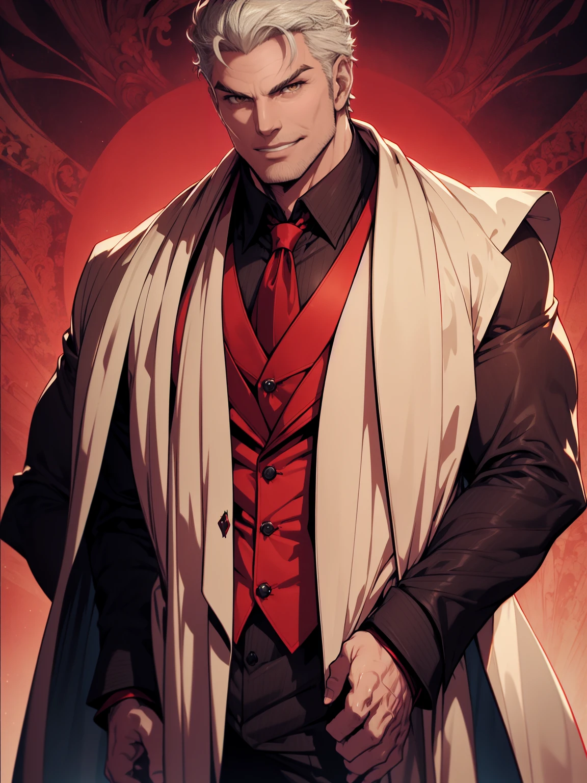 1man, vampire, handsome, pale grey skin, prominent muscular body, seems longer fangs, smile, shining red eyes, Art Nouveau Style, wearing Nouveau Suitcoat, nouveau-psychedelic background, hd, high quality, realistic-style, ultra-realistic, hyperrealistic, closer distance face, closer distance head, his distance pressing against me, 8k resolution