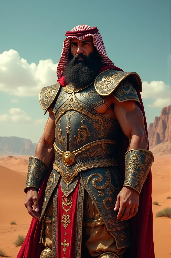 Bare-chested caliph superhero extremely over 80 years old, very muscular and fat, over 200 kg bare-chested African-American big flabby pectorals with a huge turban decorated with jewels huge brown nipples very long gray hair and big gray mustaches with huge arms tattooed in a desert oasis inside a lagoon 
