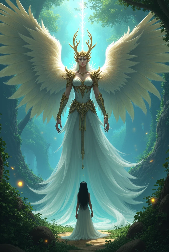 Diwata Amihan ay isang mataas na diwata na may pakpak at may pangitain na nagpapahayag ng kanyang kapangyarihan. Si Bituina ay nakatayo sa harap niya, na may pagkabigla at pag-unawa sa kanyang mukha.