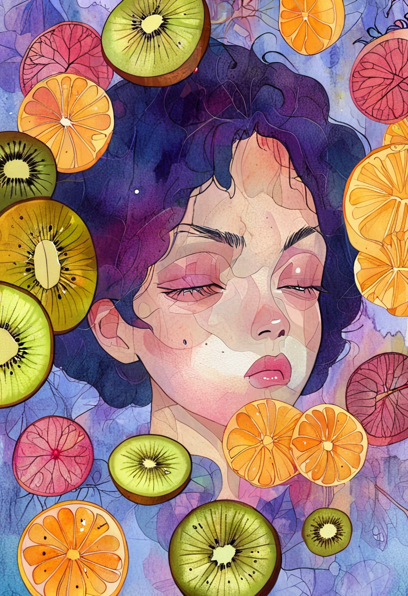 Face Light,Watercolor background:,Daytime,Blurred Background,Two Girls,Takamichi Style, Girl with sour expression after eating kiwi fruit、close your eyes、Raise your eyebrows、Mouth lolling、Pink kiwi fruit background、Highest quality、Masterpiece, style of Diane Dillon, comic art style,
anime art style,