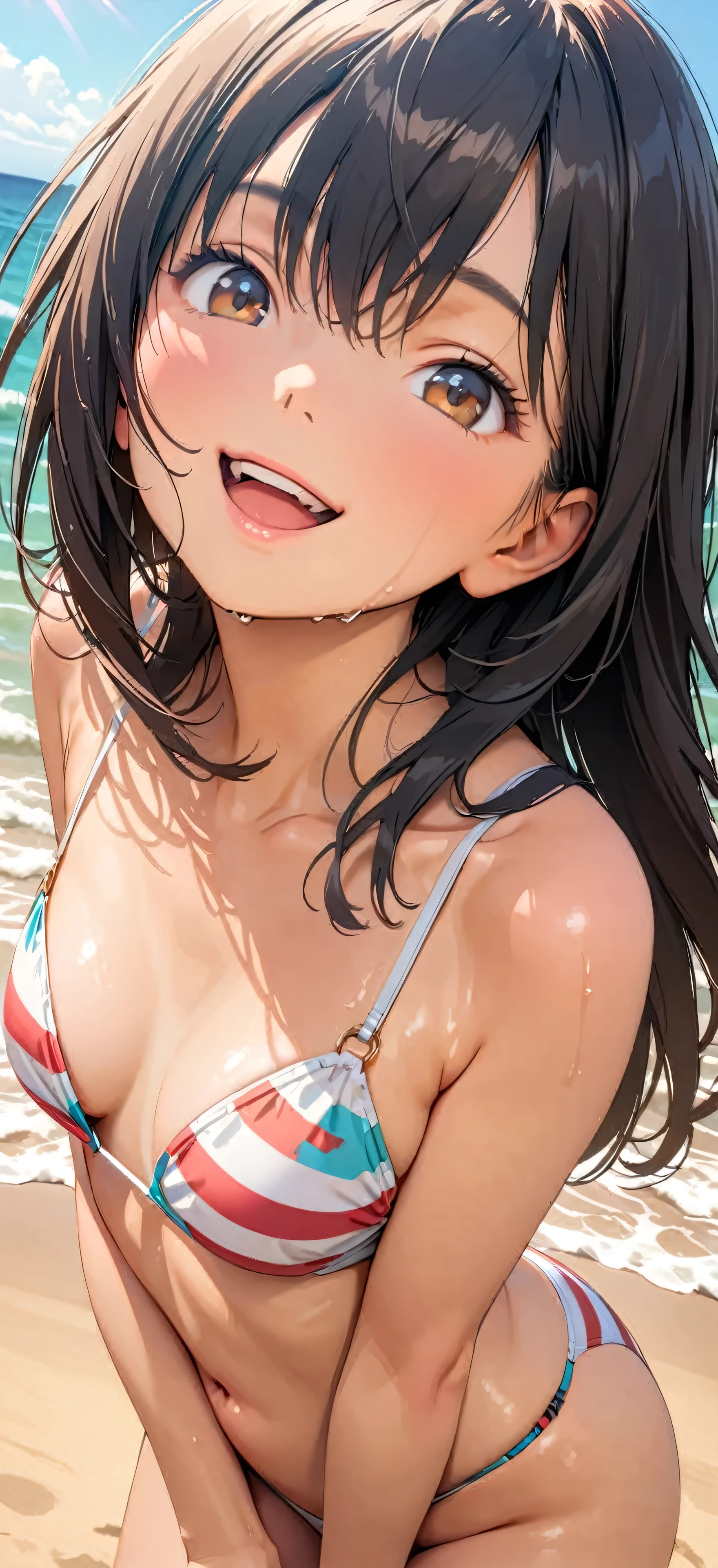 (Highest quality:1.2, Very detailed, up to date, Vibrant, masterpiece:1.2, Highest quality, Best aesthetics), smile, ((Face Up Shot:1.4)), 1980s style, 8k Ultra HD, Background Blur, smile, One Woman, Woman in bikini, Strong sunlight, Seaside, sunny, Summer sunshine, Wet Skin, Sandy Beach, Dynamic Angle, dynamic, Get excited, low length, very young, flat chested, Black Hair, ダイナミックなポーズ