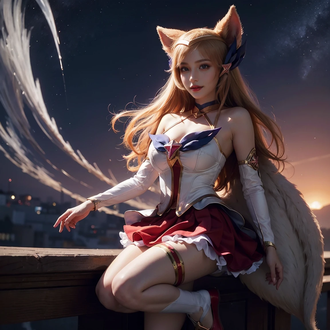 (masterpiece, best quality:1.2), Intricate details, Star Guardian Ahri, 1 Girl, Animal ears, Hair accessories, Separate sleeves, Bare shoulders, skirt, Magical girl, Multi-tail, Blonde Hair, A faint smile，Stockings，Big Breasts，White high heels，headband，whole body，（long hair： 1.5 ）、Bare shoulders、、Camera facing the audience