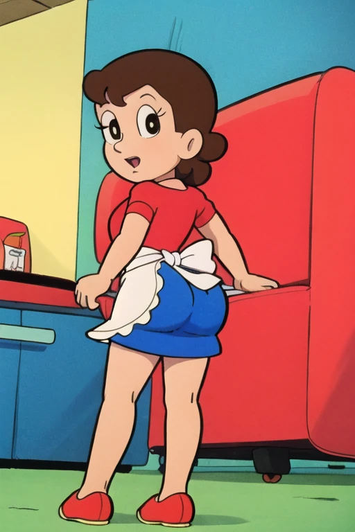 nsfw, (1boy), vaginal penis, sex, hetero, 1980s \(style\), retro artstyle, anime screencap, masterpiece, best quality, high resolution, 2D, anime cels, best quality, high resolution, 1woman, kitchen, ajiyoshi noriko v2, large breasts, naked apron, blush,embarrassed, orgasm, vulgarity, (sweat:1.2)