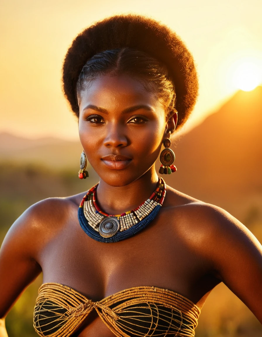 zulu tribe nude african model,  ((Create a high-resolution image of a  Zulu woman dressed in traditional attire, participating in a vibrant cultural dance. The scene is set in a rural village with a backdrop of African landscapes, featuring other members of the community in traditional clothing, joining in the celebration. The image should capture the dynamic movement, colorful beads, and intricate patterns of the attire, all bathed in the warm, golden light of the setting sun.)), ((Create a high-resolution portrait of a woman with very dark skin, illuminated by soft, warm lighting that enhances the richness and depth of her skin tone. The image should capture the intricate details of her features, with a focus on natural beauty and authenticity. Use a subtle, elegant background that complements her skin tone, such as deep blues or earth tones. The overall mood of the image should be one of dignity, grace, and empowerment, celebrating the beauty of dark skin in a natural and respectful way)), ((big breasts)),  ((big  nipple with dark big areola)),curvy, masterpiece, ((High detailed)), bikini, photorealistic,photo, realism, bikini, Getty Images, RAW candid cinema, 16mm, colour graded portra 400 film, remarkable colour, ultra realistic, textured skin, remarkable detailed pupils, realistic dull skin noise, visible skin detail, skin fuzz, dry skin, shot with cinematic,light leaks, RAW Image, DOF, depth of field,bokeh, High-resolution detail capturing the natural texture of the skin, including pores, fine lines, and natural highlights and shadows, healthy glow, showcasing the beauty of real dark skin, A graceful, confident posture with a gentle smile or a serene expression