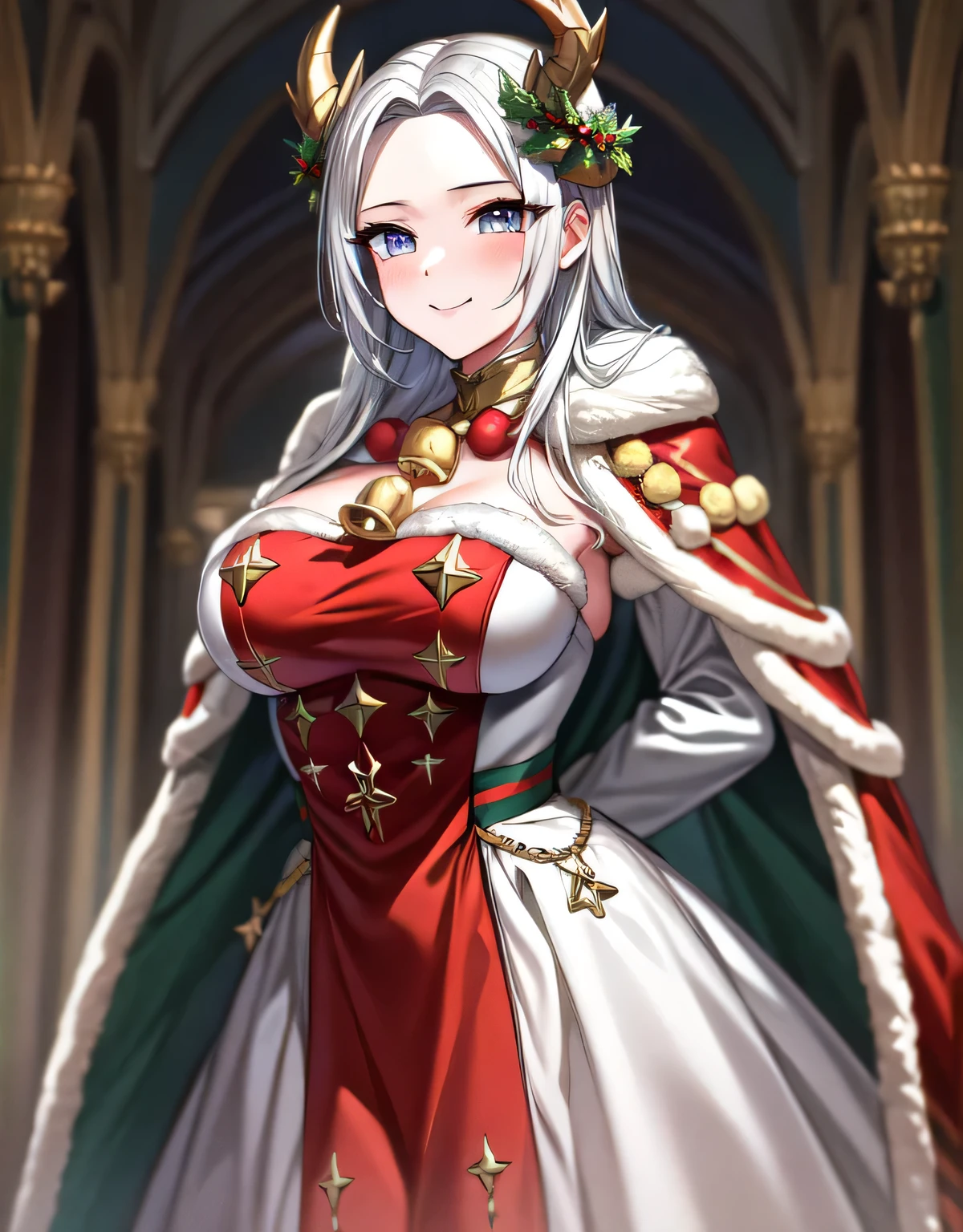 xmasEdelgard, hair ornament, horns,white dress,red cape,fur trim,neck bell,christmas,(large breasts:1.55),(shiny,hair),((solo)),((masterpiece)),((best quality)),perfect anatomy,slim waist,perfect image,8k UHD,(beautiful detailed eyes:1.5),extremely detailed face,standing,(upper body:1.25),(look at the front:1.5),(arms behindback:1.15),ultra-detailed,absurdres,ultra-highres,indoor hall,light smile,silver hair,lips,(thigh high:0.7),blush,