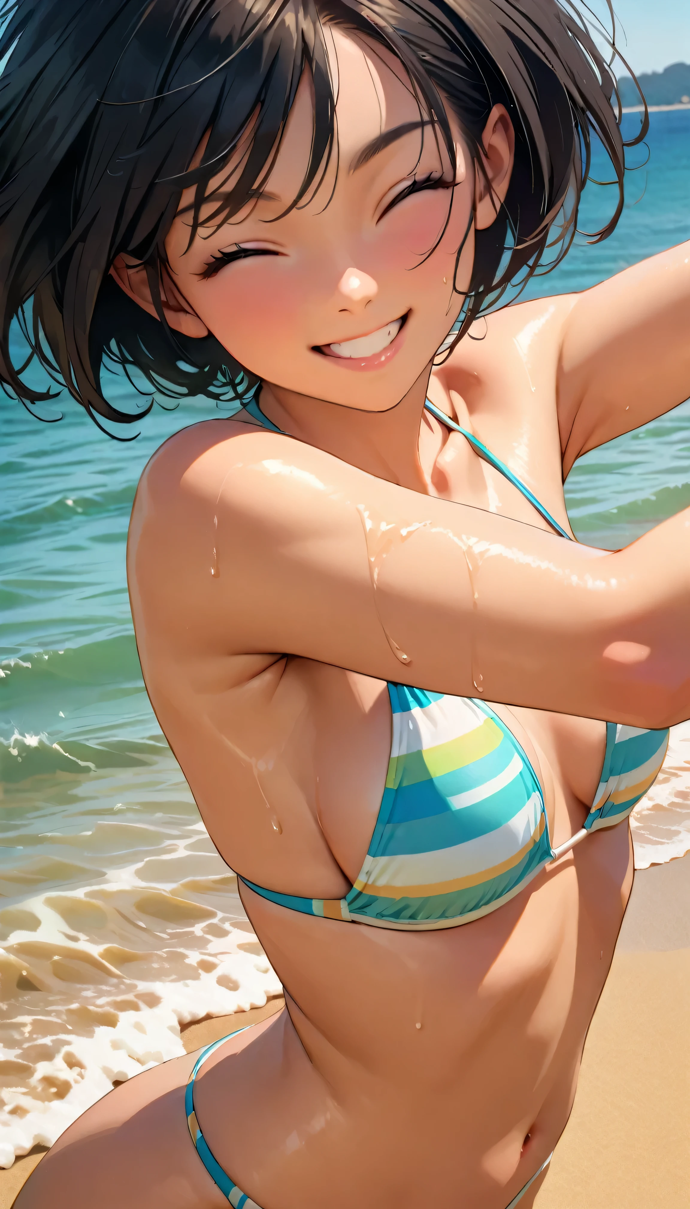 (Highest quality:1.2, Very detailed, up to date, Vibrant, masterpiece:1.2, Highest quality, Best aesthetics), smile, ((Face Up Shot:1.4)), 1980s style, 8k Ultra HD, Background Blur, smile, One Woman, Woman in bikini, Strong sunlight, Seaside, sunny, Summer sunshine, Wet Skin, Sandy Beach, Dynamic Angle, dynamic, Get excited,low length, Bobcut, very young, flat chested, Dynamic pose, Black Hair