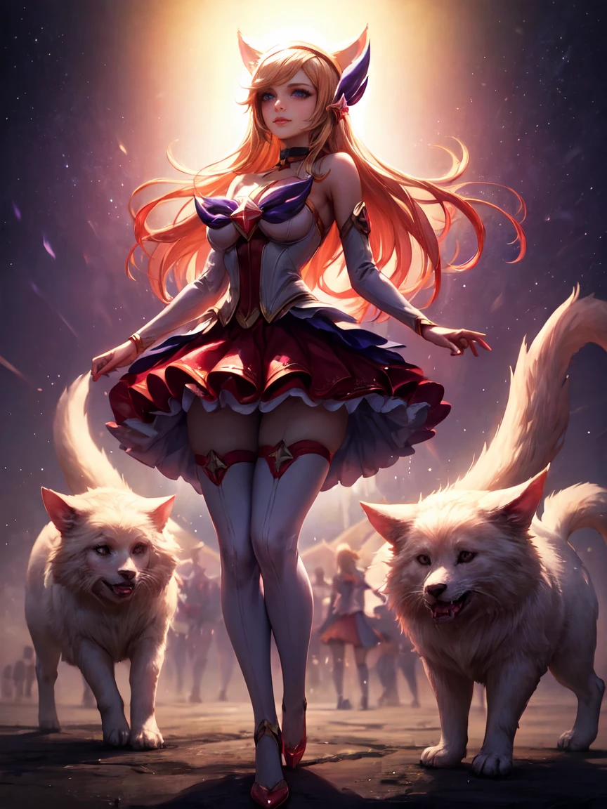 (masterpiece, best quality:1.2), Intricate details, Star Guardian Ahri, 1 Girl, Animal ears, Hair accessories, Separate sleeves, Bare shoulders, skirt, Magical girl, Multi-tail, Blonde Hair, A faint smile，Stockings，Big Breasts，White high heels，headband，whole body，（long hair： 1.5 ）、Bare shoulders、、Camera facing the audience，standing posture