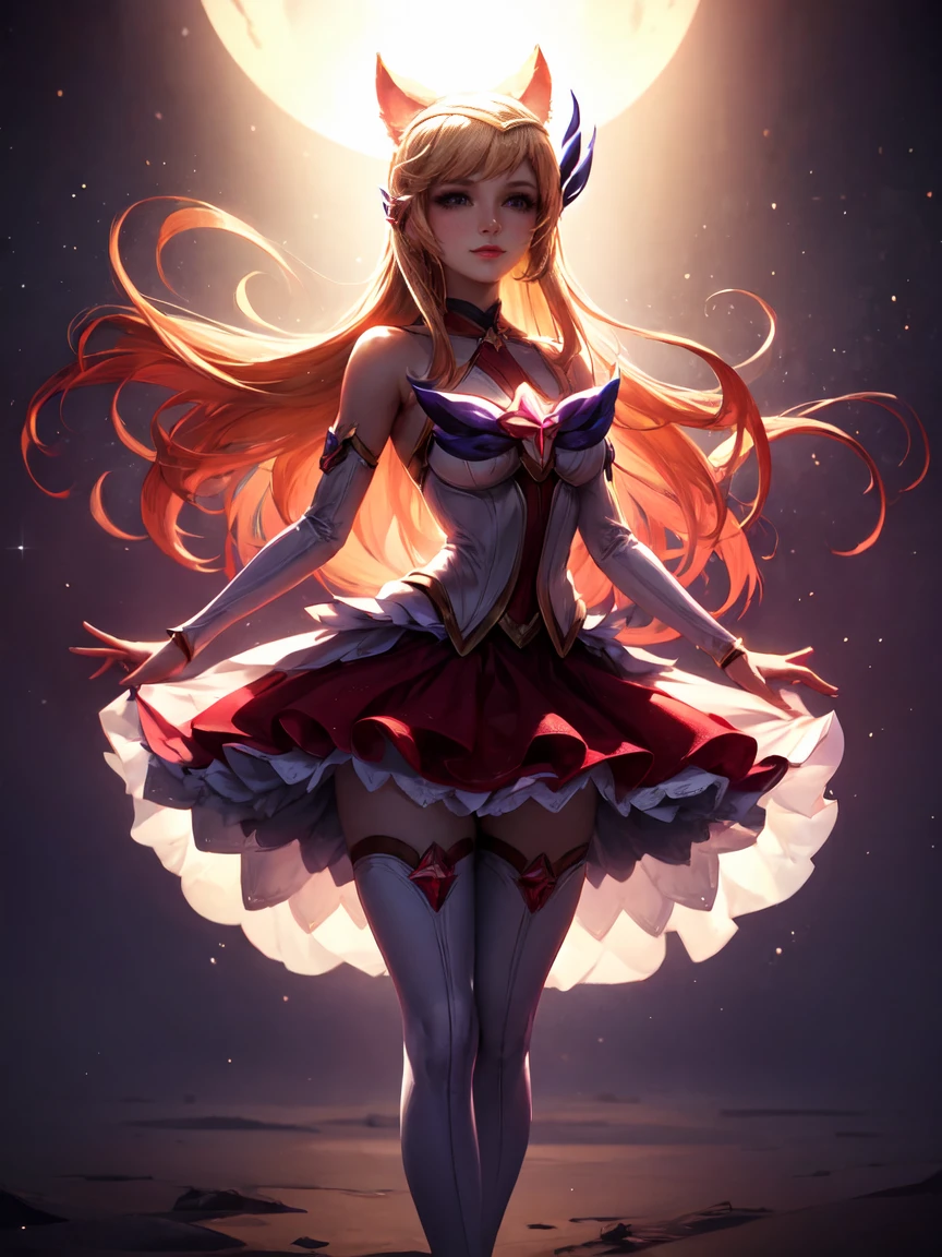 (masterpiece, best quality:1.2), Intricate details, Star Guardian Ahri, 1 Girl, Animal ears, Hair accessories, Separate sleeves, Bare shoulders, skirt, Magical girl, Multi-tail, Blonde Hair, A faint smile，Stockings，Big Breasts，White high heels，headband，whole body，（long hair： 1.5 ）、Bare shoulders、、Camera facing the audience，standing posture