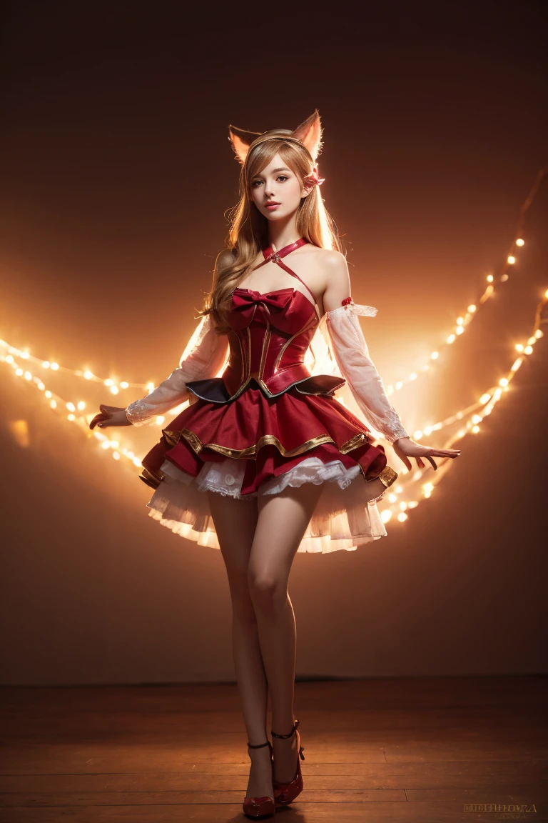 (masterpiece, best quality:1.2), Intricate details, Star Guardian Ahri, 1 Girl, Animal ears, Hair accessories, Separate sleeves, Bare shoulders, skirt, Magical girl, Multi-tail, Blonde Hair, A faint smile，Stockings，Big Breasts，White high heels，headband，whole body，（long hair： 1.5 ）、Bare shoulders、、Camera facing the audience，standing posture