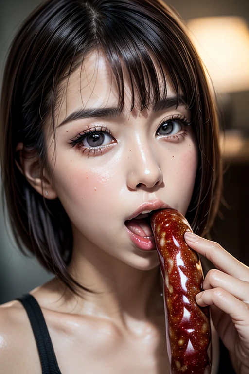 realism, realistic, photo-realistic, masterpiece, best quality, intricate details, extremely detailed, cinematic lighting, solo, a Japanese mature, (eating a huge sausage, shovel a long sausage into mouth, fully open mouth:1.33), dark hair, (short bob hair), cute face, extremely detailed face, beautiful detailed eyes, beautiful pupils, sophisticated nose, pale skin, fine-textured skin, sweaty, shiny skin, photo background, indoors, home, 