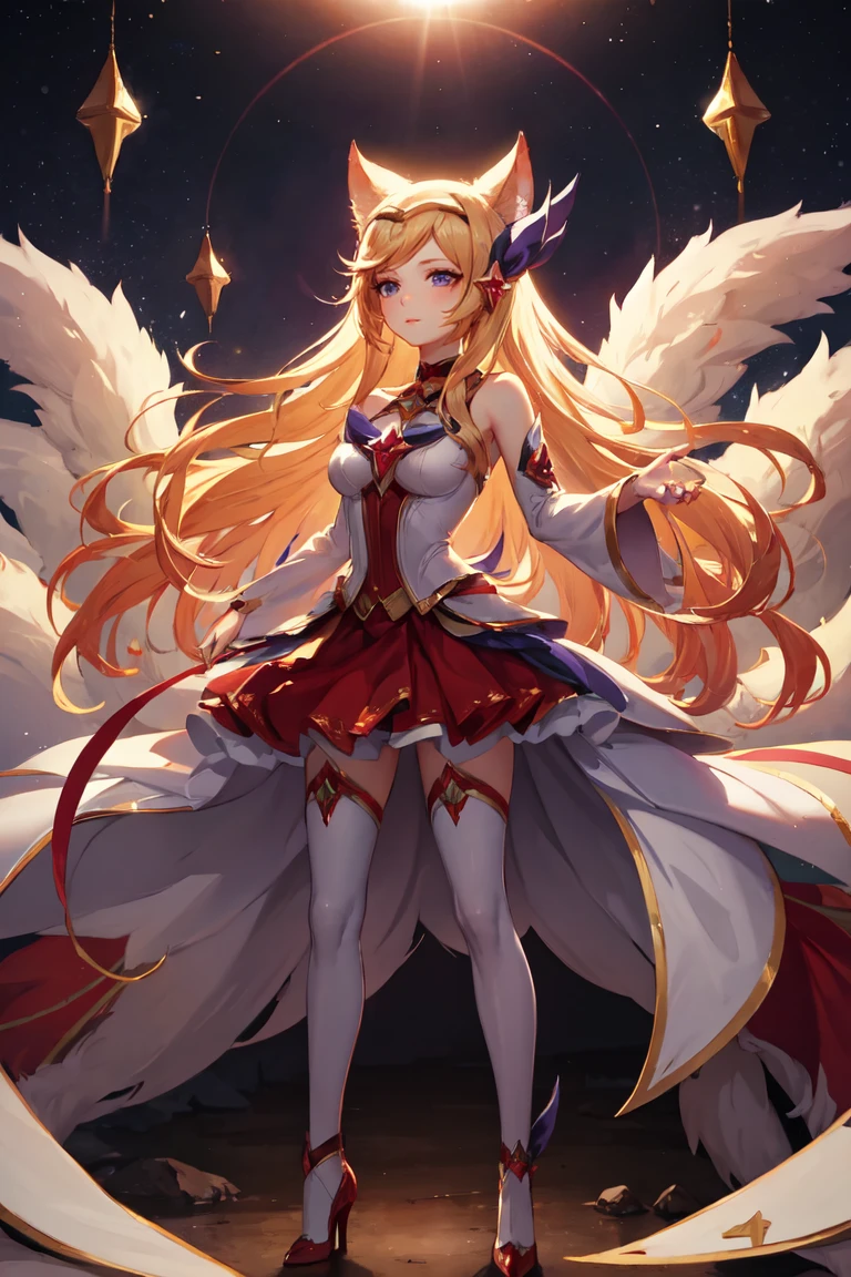 (masterpiece, best quality:1.2), Intricate details, Star Guardian Ahri, 1 Girl, Animal ears, Hair accessories, Separate sleeves, Bare shoulders, skirt, Magical girl, Multi-tail, Blonde Hair, A faint smile，Stockings，Big Breasts，White high heels，headband，whole body，（long hair： 1.5 ）、Bare shoulders、、Camera facing the audience，standing posture