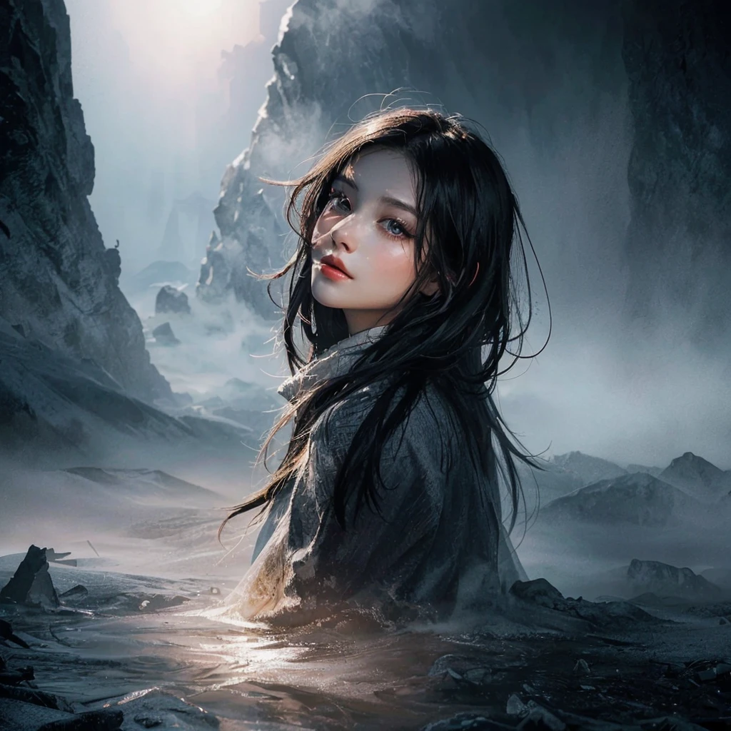 best quality, masterpiece, sunlight passing through hair, 1girl, fantasy, EGirlMakeup, short dark black hair, (fog:1.3)