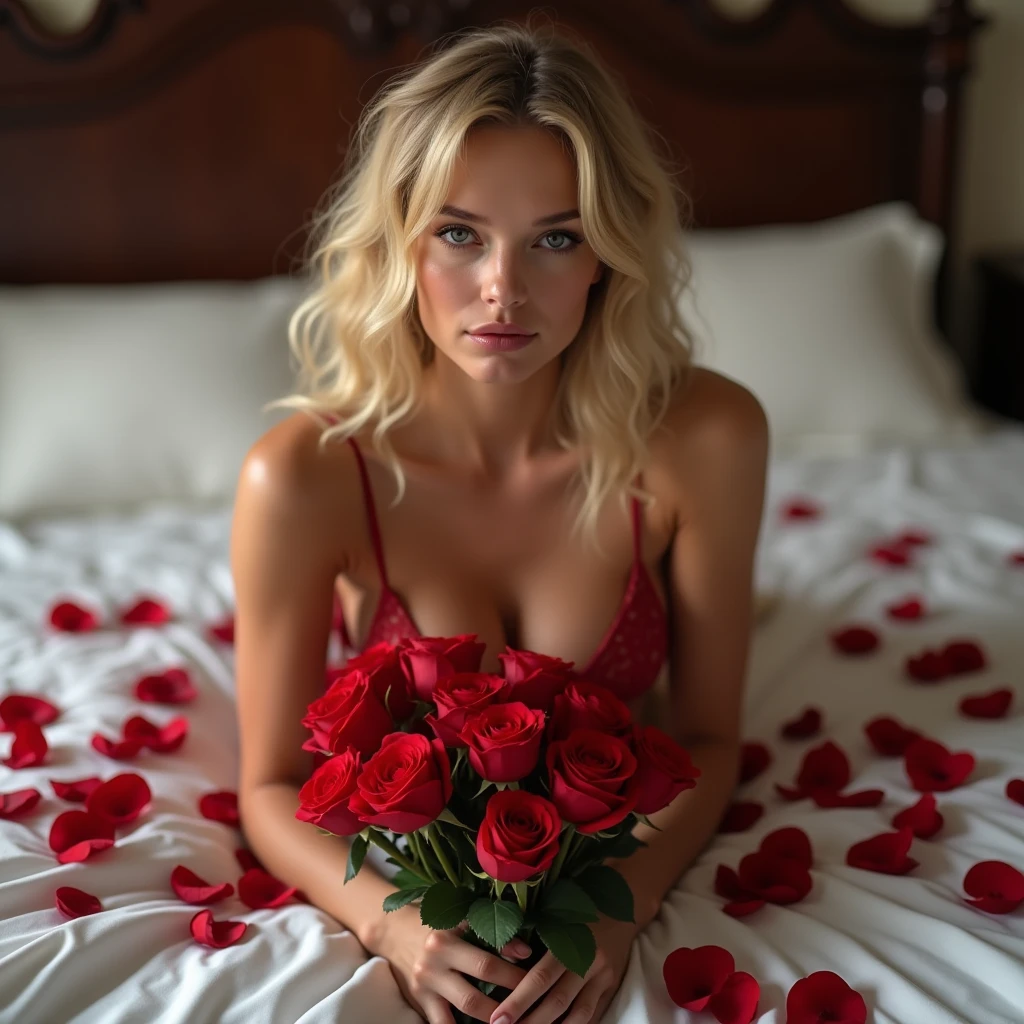 photo of Blonde woman surrounded by red roses, and the sunlight is streaming through the window, creating a warm and inviting atmosphere. She is wearing her very sexy erotic style lace underwear, large breasts, cleavage, butt sticking out of underwear, realistic, best quality, photo-realistic 8k, (best quality:1.1), masterpiece, (realistic:1.1), photo-realistic, rear and side view