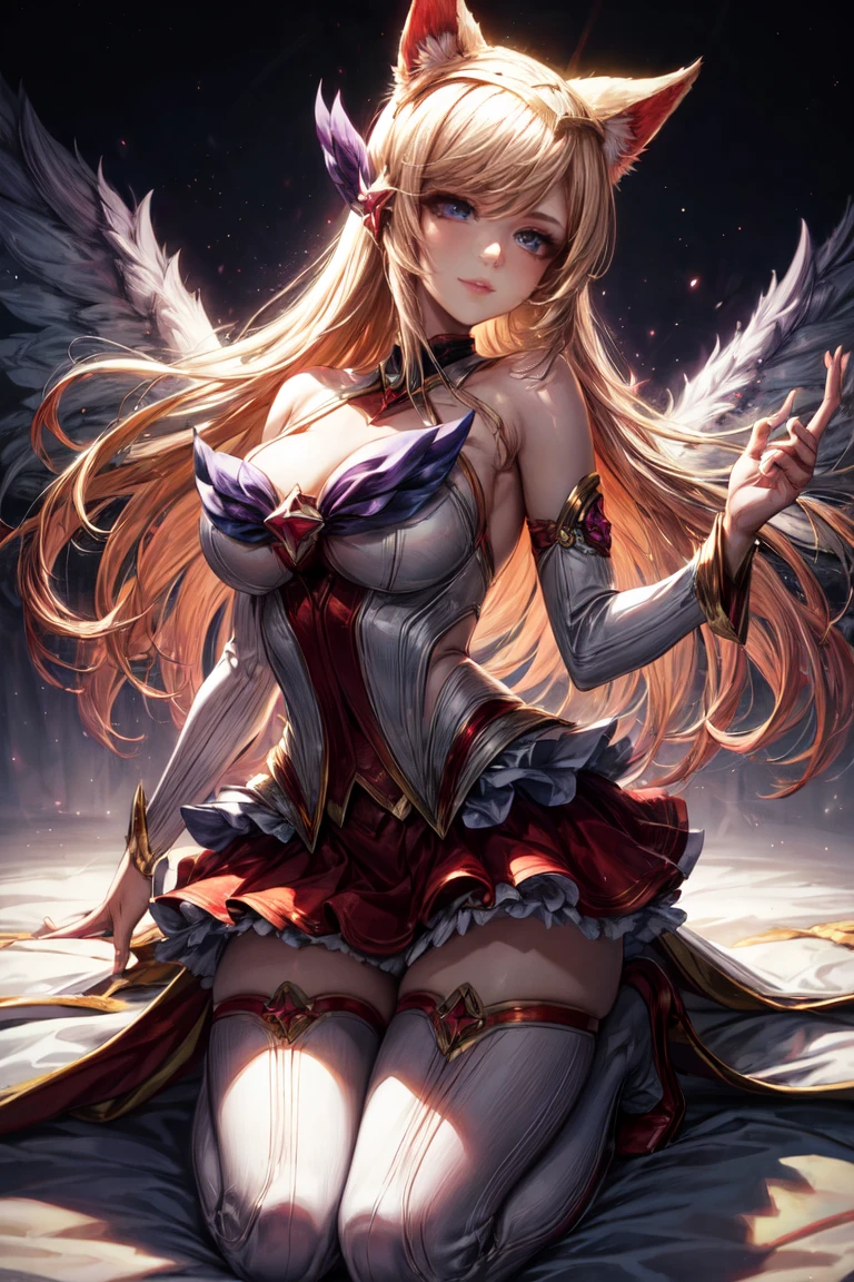 (masterpiece, best quality:1.2), Intricate details, Star Guardian Ahri, 1 Girl, Animal ears, Hair accessories, Separate sleeves, Bare shoulders, skirt, Magical girl, Multi-tail, Blonde Hair, A faint smile，Stockings，Big Breasts，White high heels，headband，whole body，（long hair： 1.5 ）、Bare shoulders、、Camera facing the audience，Sexy pose