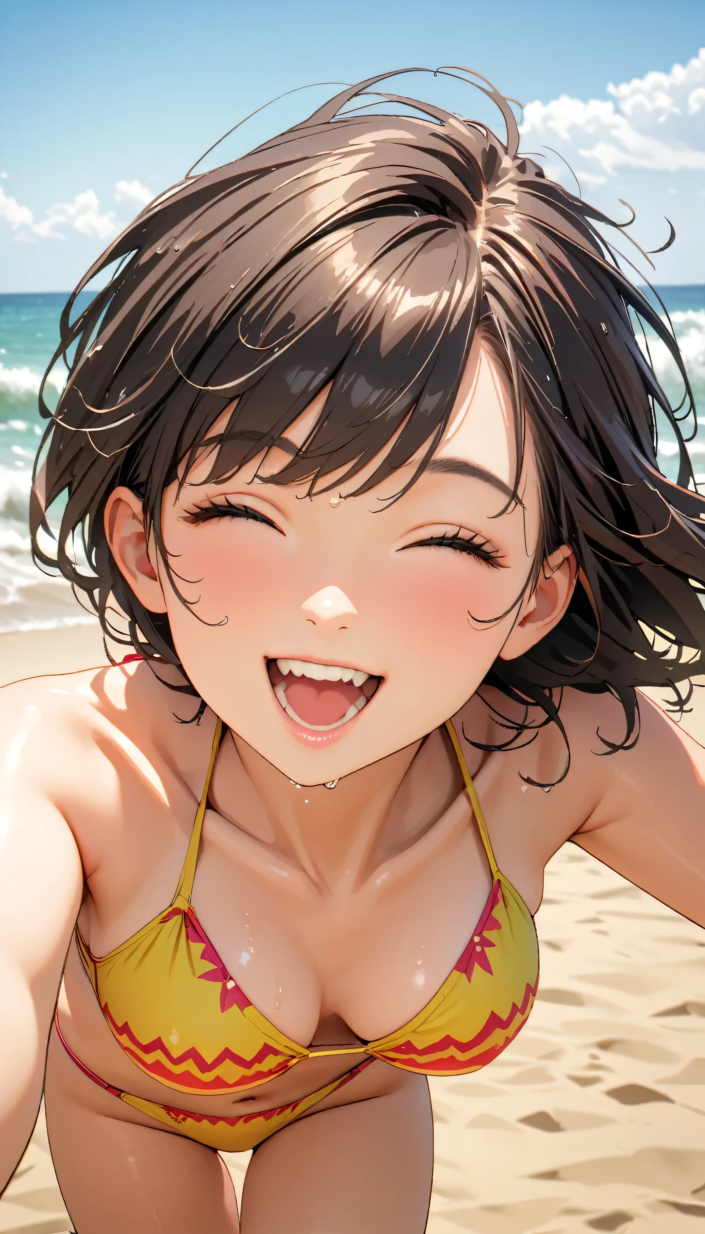 (Highest quality:1.2, Very detailed, up to date, Vibrant, masterpiece:1.2, Highest quality, Best aesthetics), smile, ((Face Up Shot:1.4)), 1980s style, 8k Ultra HD, Background Blur, smile, One Woman, Woman in bikini, Strong sunlight, Seaside, sunny, Summer sunshine, Wet Skin, Sandy Beach, Dynamic Angle, dynamic, Get excited, Dynamic pose, open mouth, Black Hair