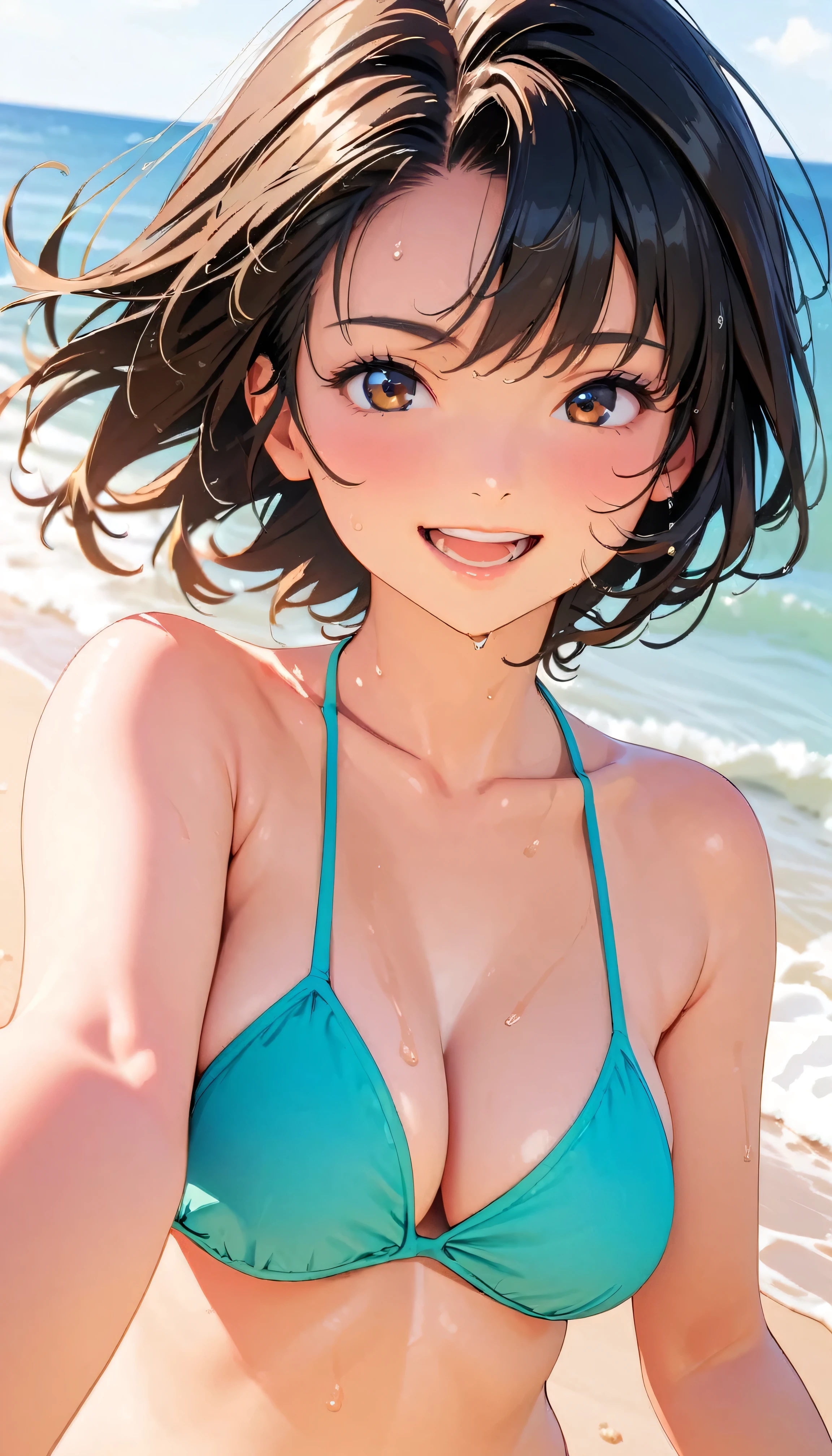 (Highest quality:1.2, Very detailed, up to date, Vibrant, masterpiece:1.2, Highest quality, Best aesthetics), smile, ((Face Up Shot:1.4)), 1980s style, 8k Ultra HD, Background Blur, smile, One Woman, Woman in bikini, Strong sunlight, Seaside, sunny, Summer sunshine, Wet Skin, Sandy Beach, Dynamic Angle, dynamic, Get excited, Dynamic pose, Black Hair, open mouth