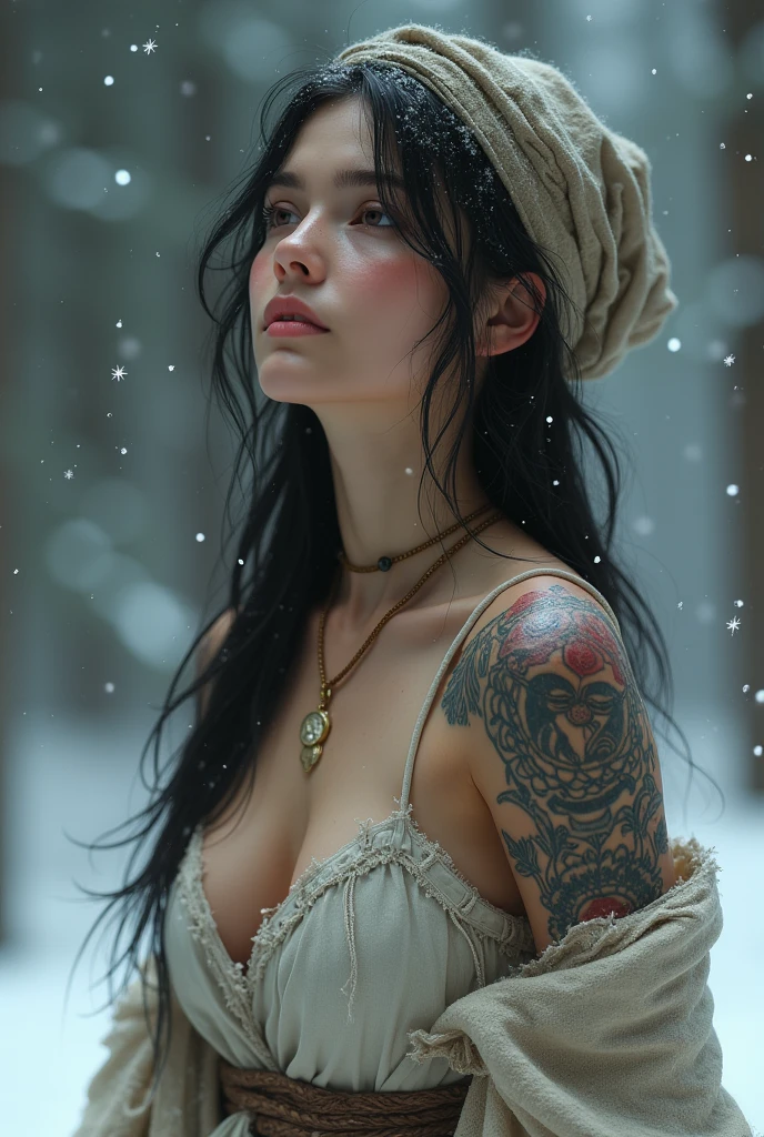 4k Highly detailed and realistic digital extremely high quality RAW photos, A portrait of the beautiful sailor-suited girl Robbie、 Torn clothing is exposed (nude:1.4) body, Armored Shoulders, tooth, Wrapping angle, Big Breasts, ((Snow and Blood)), ((Wolf Tattoo)), amazing, Surreal, Hyperrealism, 8k, Cinema Lighting, Greg Rutkowski, Wow, (1 1 1.8. Short focus bokeh)
