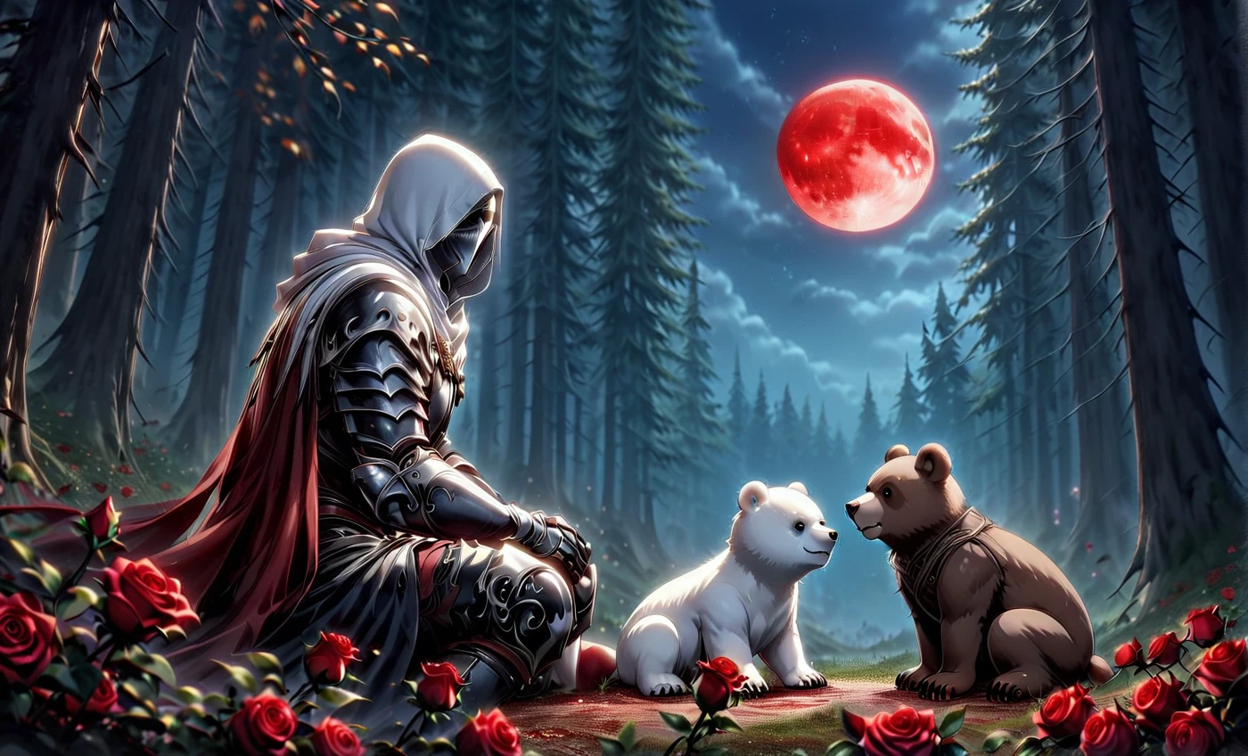 Male knight with a white hood with polar bear ears and a sword behind his back sits towards a baby polar bear and a baby brown bear in a forest his head leans against a tree his legs are angled forward while the moon shines, many Roses cover the ground and lightning falls from the sky. The baby polar bear plays with the baby brown bear while the knight enjoys watching them. Only the man wears a red blindfold. In the background of the picture is the blood moon and a tree has fallen down in the path. The forest is full of trees with leaves. The armor of the man is black and red roses decorate it. The sky is full of stars. The knight looks thoughtful into the sky. The polar bear baby wears a red scarf. The knight sits on a staple of books.