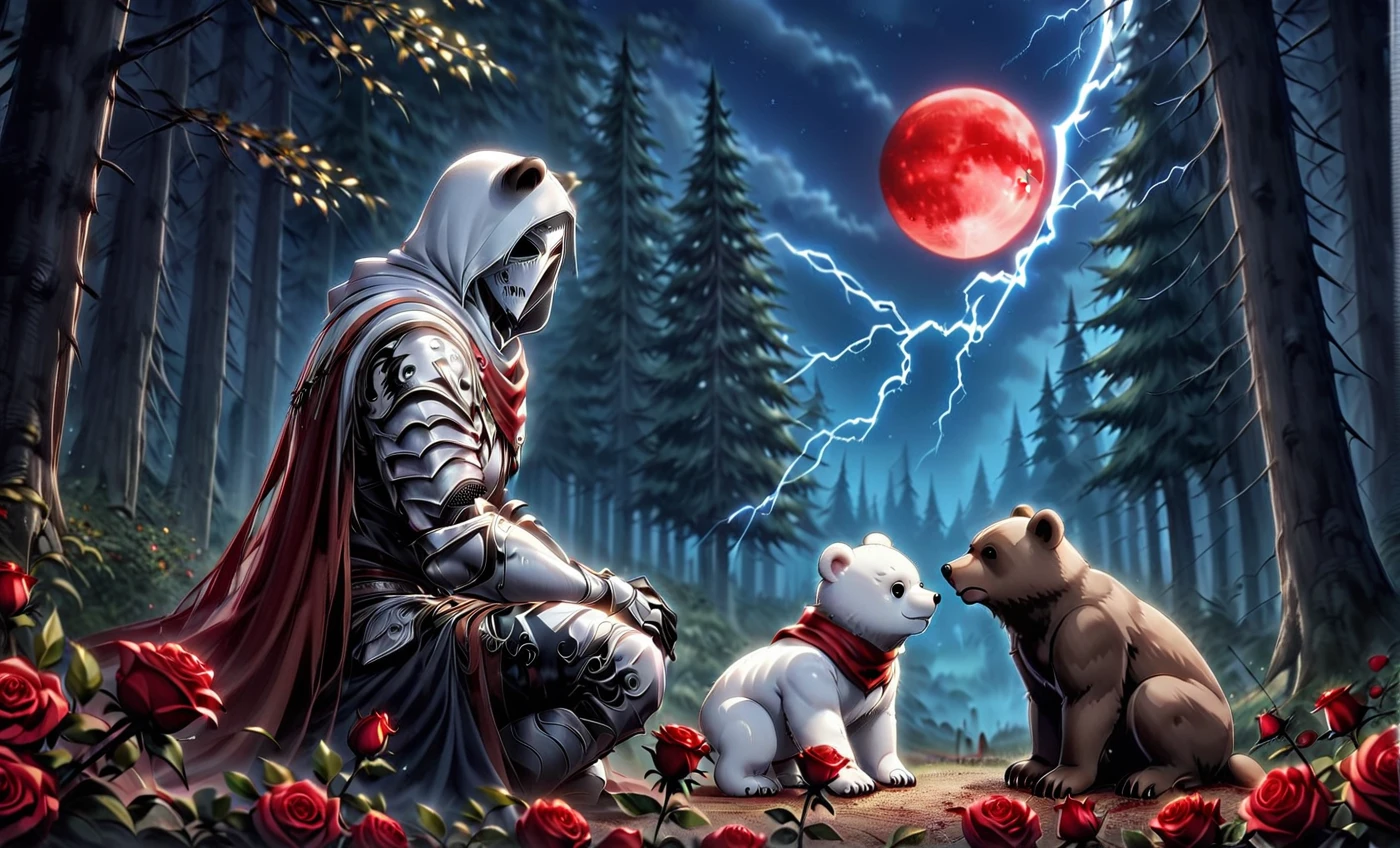 Male knight with a white hood with polar bear ears and a sword behind his back sits towards a  polar bear and a babywn bear in a forest his head leans against a tree his legs are angled forward while the moon shines, many Roses cover the ground and lightning falls from the sky. The baby polear plays with the baby brown bear while the knight enjoys watching them. Only the man wears a red blindfold. In the background of the picture is the blood moon and a tree has fallen down in the path. The forest is full of trees with leaves. The armor of the man is black and red roses decorate it. The sky is full of stars. The knight looks thoughtful into the sky. The polar bear baby wears a scarf. The knight sits on a staple of books.