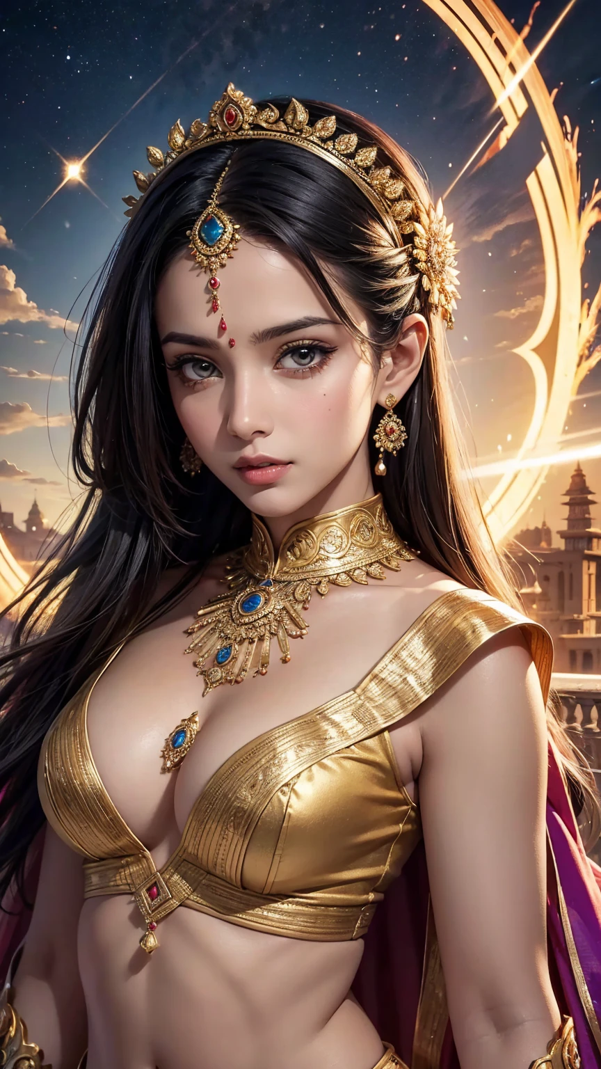 a bindi in the center of the forehead, beautiful royal temple, jewelry, gem, necklace, gold bracelet, anklets, thick lips, hands on lips, skindentation, lips half-open, (detailed eyes), (seductive pose), ulzzang-6500-v1.1, (large breasts:1.2)