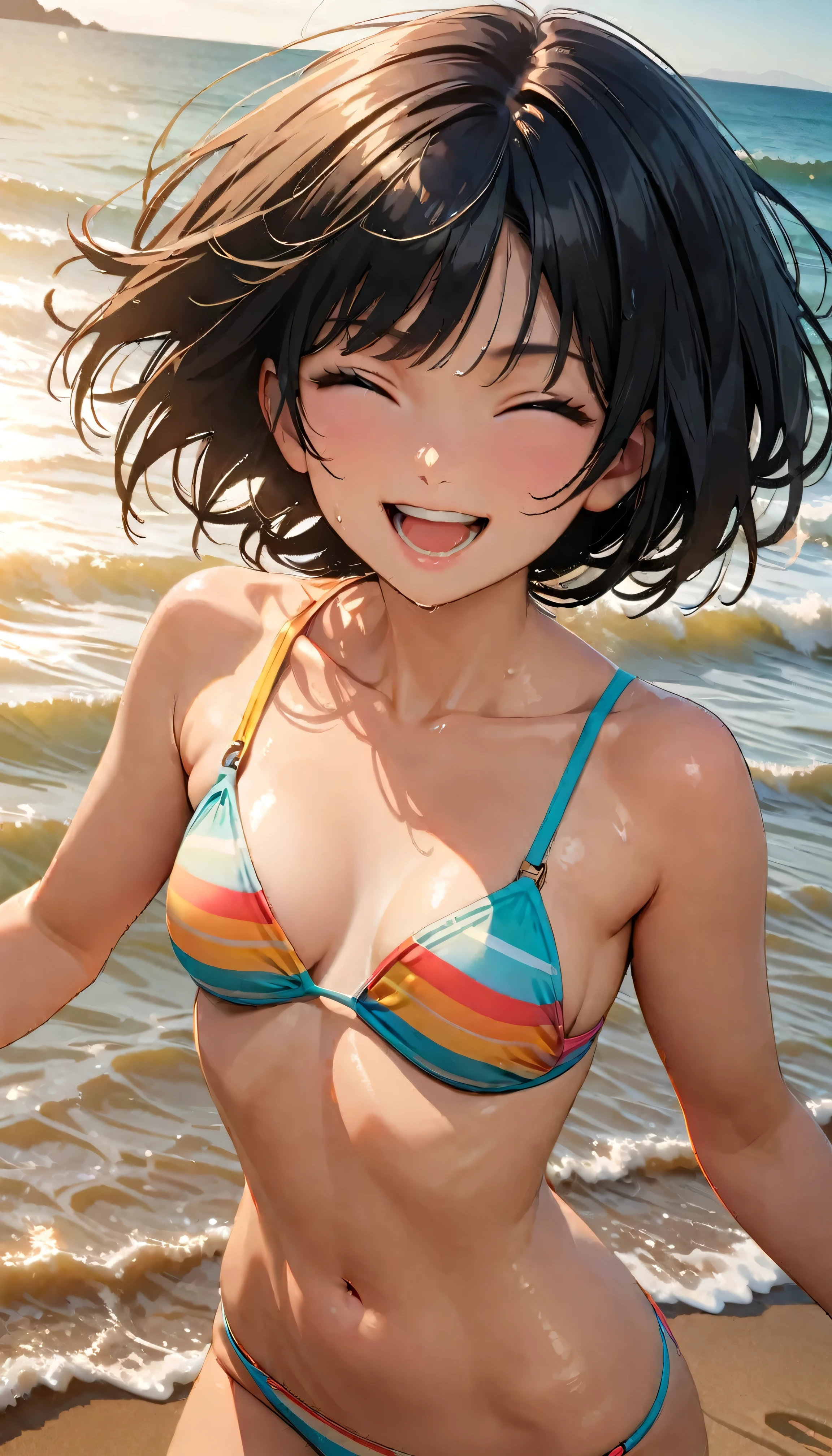 (Highest quality:1.2, Very detailed, up to date, Vibrant, masterpiece:1.2, Highest quality, Best aesthetics), smile, ((Face Up Shot:1.4)), 1980s style, 8k Ultra HD, Background Blur, smile, One Woman, Woman in bikini, Strong sunlight, Seaside, sunny, Summer sunshine, Wet Skin, Sandy Beach, Dynamic Angle, dynamic, Get excited,low length, Bobcut, very young, flat chested, Dynamic pose, Black Hair, open mouth, wink