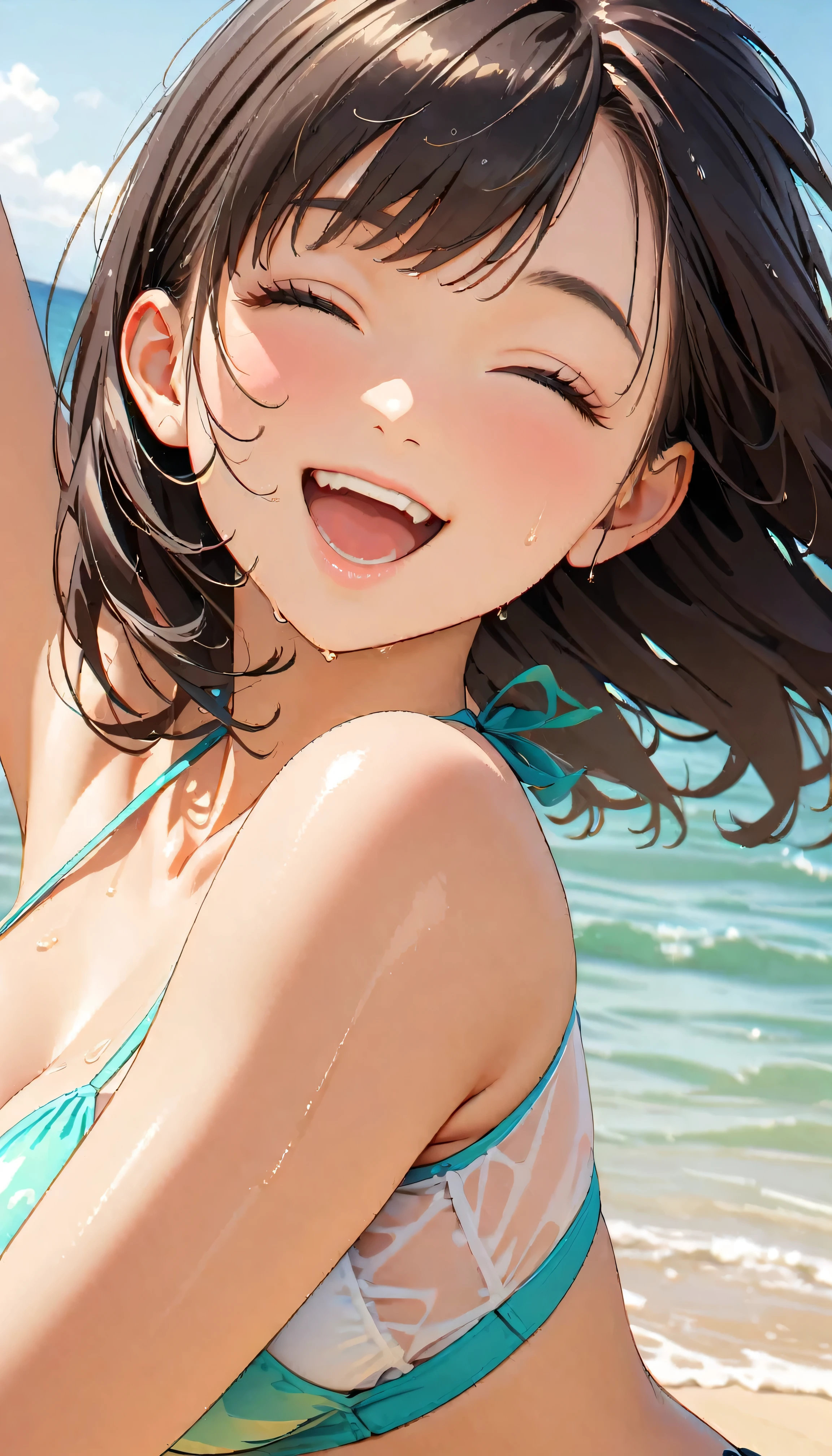 (Highest quality:1.2, Very detailed, up to date, Vibrant, masterpiece:1.2, Highest quality, Best aesthetics), smile, ((Face Up Shot:1.4)), 1980s style, 8k Ultra HD, Background Blur, smile, One Woman, Woman in bikini, Strong sunlight, Seaside, sunny, Summer sunshine, Wet Skin, Sandy Beach, Dynamic Angle, dynamic, Get excited, Dynamic pose, open mouth, Black Hair, wink