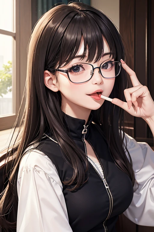 masterpiece, Highest quality, cheers,Black Hair,Pink eyes,Long Hair,Straight Hair,Glasses,Night Sky,A perfect smile,Open your mouth,Wolf Ears
