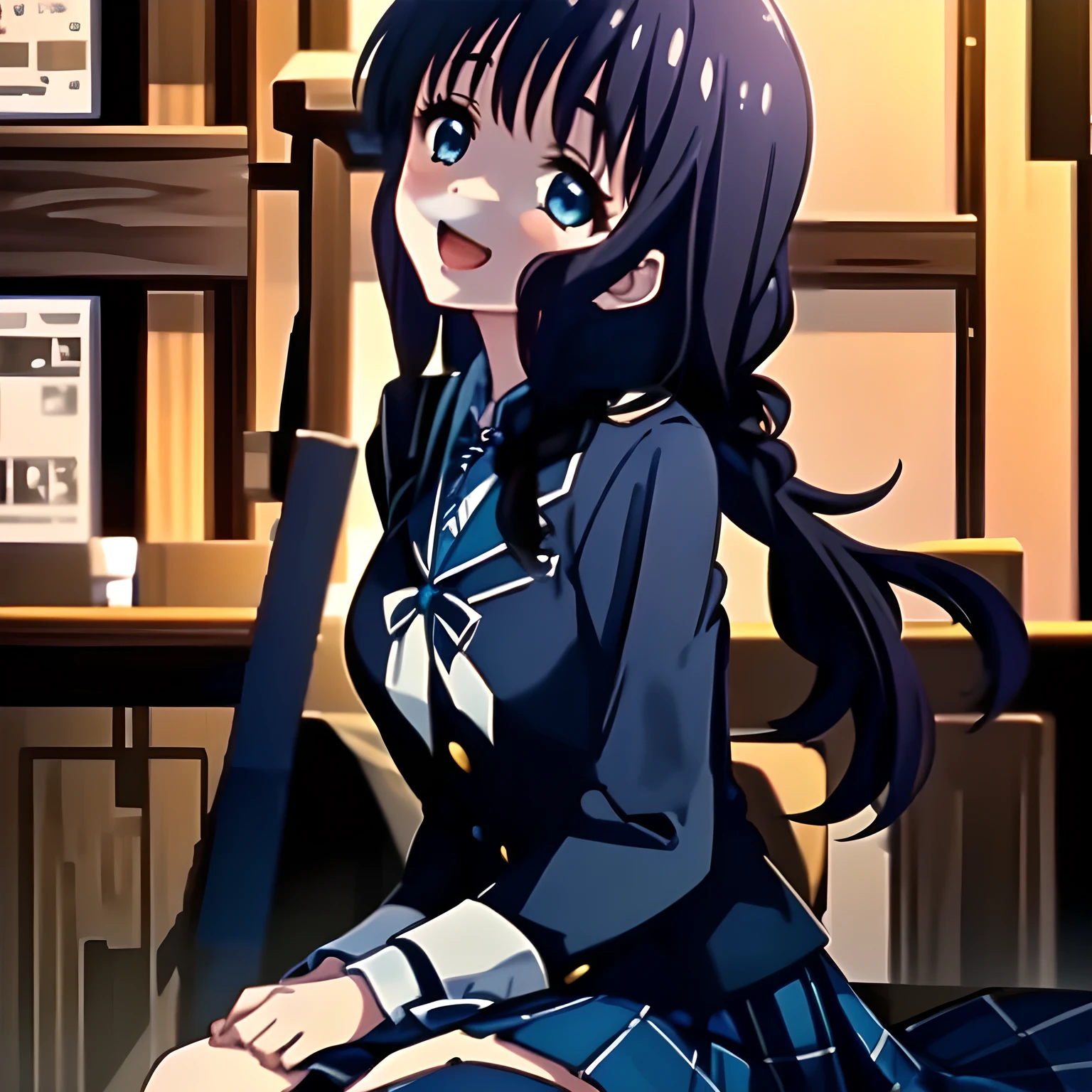 (highest quality, masterpiece, Full HD, High definition: 1.2), (Japanese Game CG art of beautiful giggling seated girl, charming me: 1.3), (Just one very beautiful date-game heroine who is looking and laughing at me, Very detailed cute **** heroine's eyes and face, Beautiful eyes with detailed: 1.0),  (Girl whom everyone loves because of her beauty and lovely fashion and noble manner. : 1.0),  (Very beautiful, wavy, cutely shining super-super-long blue hair, with elegant hair ribbons, spreading on whole the screen: 1.0), (Laughing very beautiful and lovely sapphire-blue intelligent eyes which charms and enslave me inevitably, with clearly detailed: 1.4), (Eyes are clearly detailed), (very long eyelashes: 1.0), (Noble black neat sailor-styled formal school uniform with a noble expensive ribbon on the chest: 1.0), (Charming neat blue & navy tartan-checkered pleated long school skirt: 1.5),  (Soprano singer of classic music: 1.0), (Can't stop giggling: 1.6), Clear skin