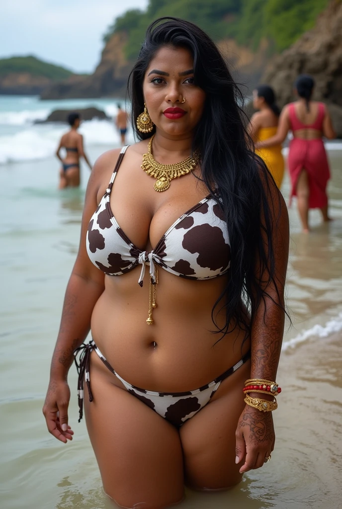 Wet CURVY FIT PAWG MARRIED INDIAN BRIDE, full body picture , BBW Wet curvy, wet Desi Bhabhi showing her big ass in sexy thong COW pattern bikini and showing cleavage and in nose ring, many red gold bangles in hands,earings, necklace ,lipstick ,navel,Indian, Chubby, showing her curves in sea water, sea waves , rocks, Group of lesbian women, Henna Mehendi, with husband and children 