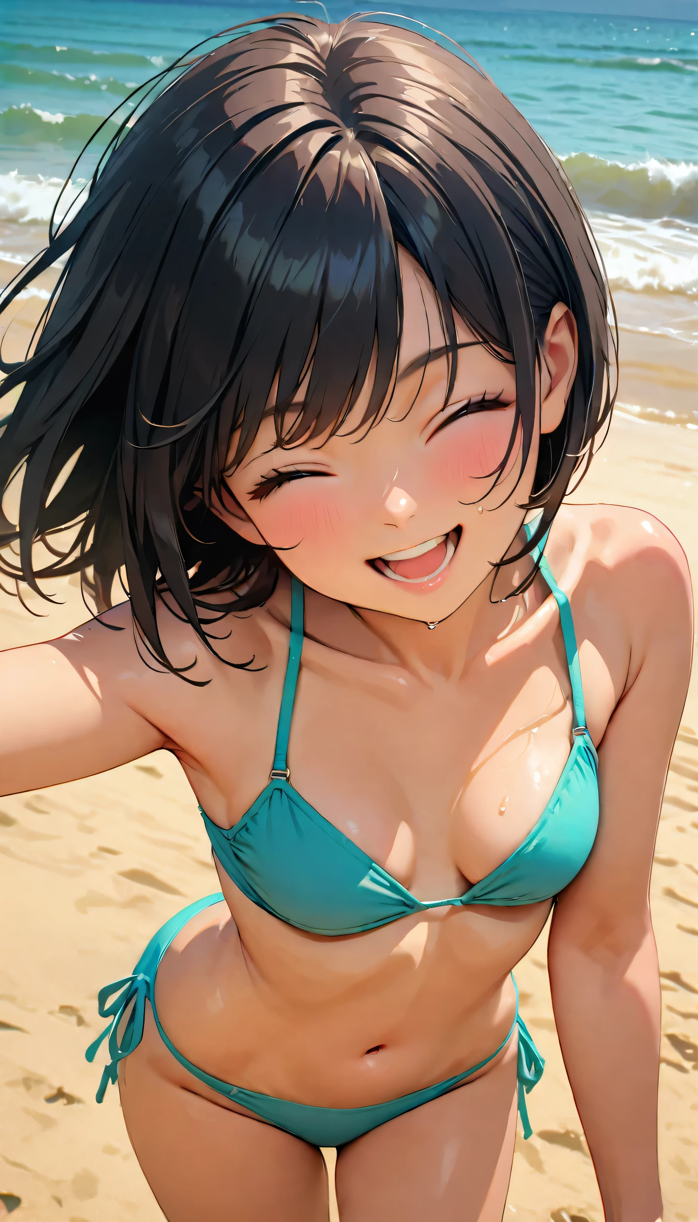 (Highest quality:1.2, Very detailed, up to date, Vibrant, masterpiece:1.2, Highest quality, Best aesthetics), smile, ((Face Up Shot:1.4)), 1980s style, 8k Ultra HD, Background Blur, smile, One Woman, Woman in bikini, Strong sunlight, Seaside, sunny, Summer sunshine, Wet Skin, Sandy Beach, Dynamic Angle, dynamic, Get excited,low length, Bobcut, very young, flat chested, Dynamic pose, Black Hair, open mouth, wink