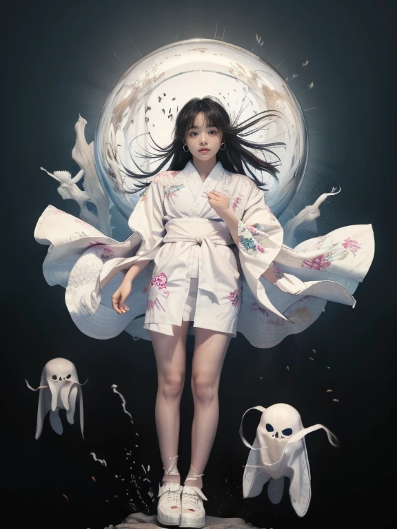 full body display、Horror films、ghost、Ghost、Wearing a white kimono、One woman、See-through from the waist down、Her legs are too transparent to be seen、Floating in the air、Trying to intimidate people、人を脅かすのが好きなghost、