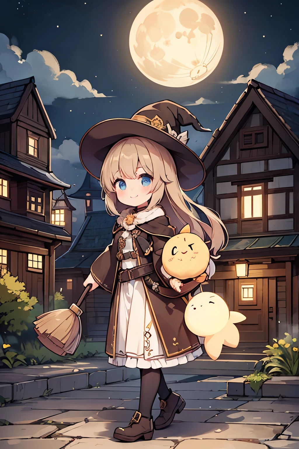 (Highest quality:1.2)。steampunkai。One Girl。 cute witch。long light brown fluffy hair。Carry a broom on your shoulder。Smiling smile。Walking around town at night。The big moon is watching over me kindly。