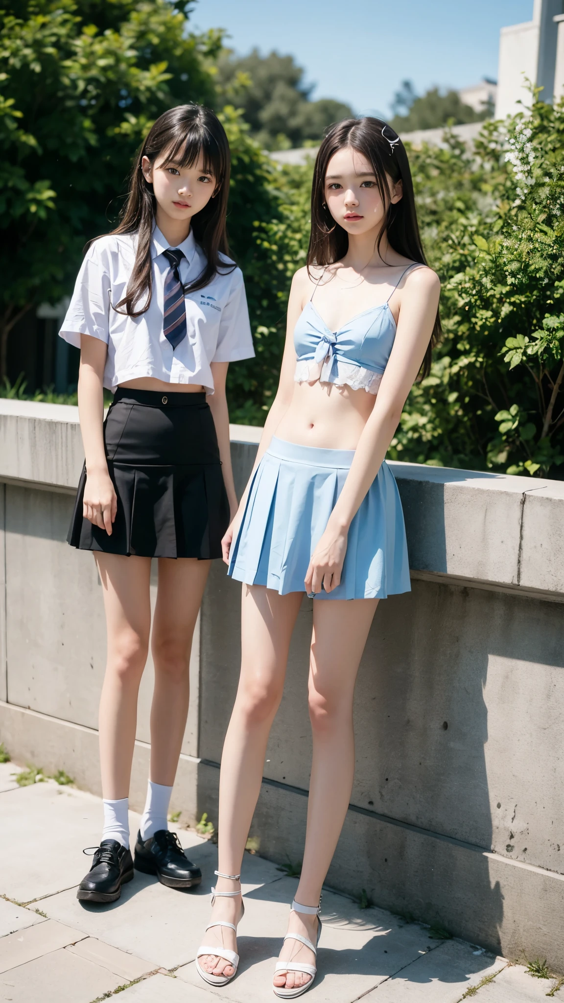 High detail, Textured skin, Very detailed, Ultra high definition, High-resolution model, Detailed face、bare navel、Twins, two girls, two high school girls、(((flat chest))), (flat chest:1.1)、 ars、a junih school stuiforms、Cute, young, (Full body:1.3)、Ultra-detail、masterpiece、top-quality、超A high resolution、8K high image quality、Photogenic clarity、A detailed eye、Real live-action、Spring outdoor、Model Standing、Beautiful posture、High detail, Textured skin, Very detailed, Ultra high definition, High-resolution model,