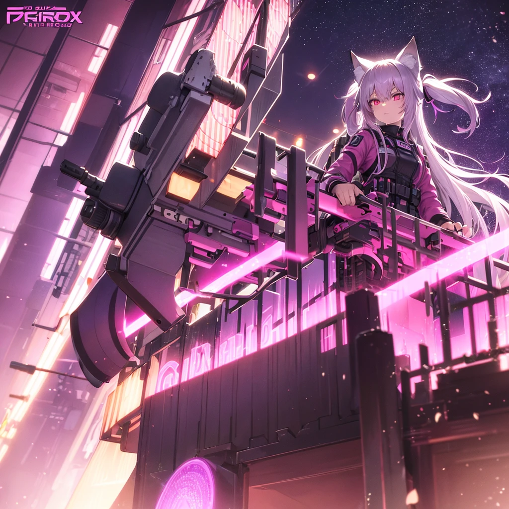 Long hair, fox ears, 4 girls, fox tail, pink glowing eyes, purple tactical uniform, combat boots, pistol on the belt, purple military mask on the face, white hair with a pink tint, sword in hand in the mecha style, helmet with night vision device, violet halo, tactical gloves